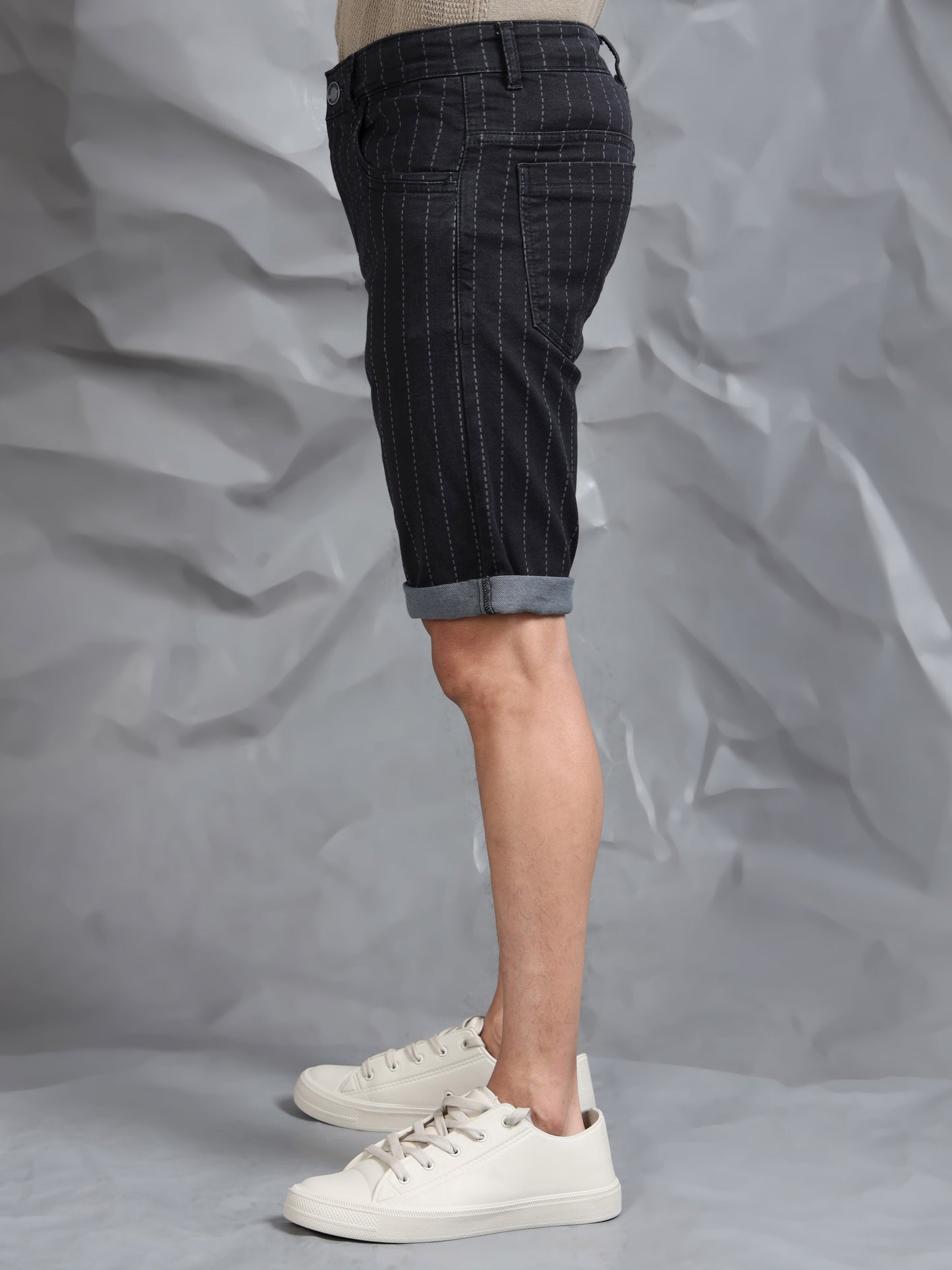 Black Striped Cotton Blend Denim Shorts
