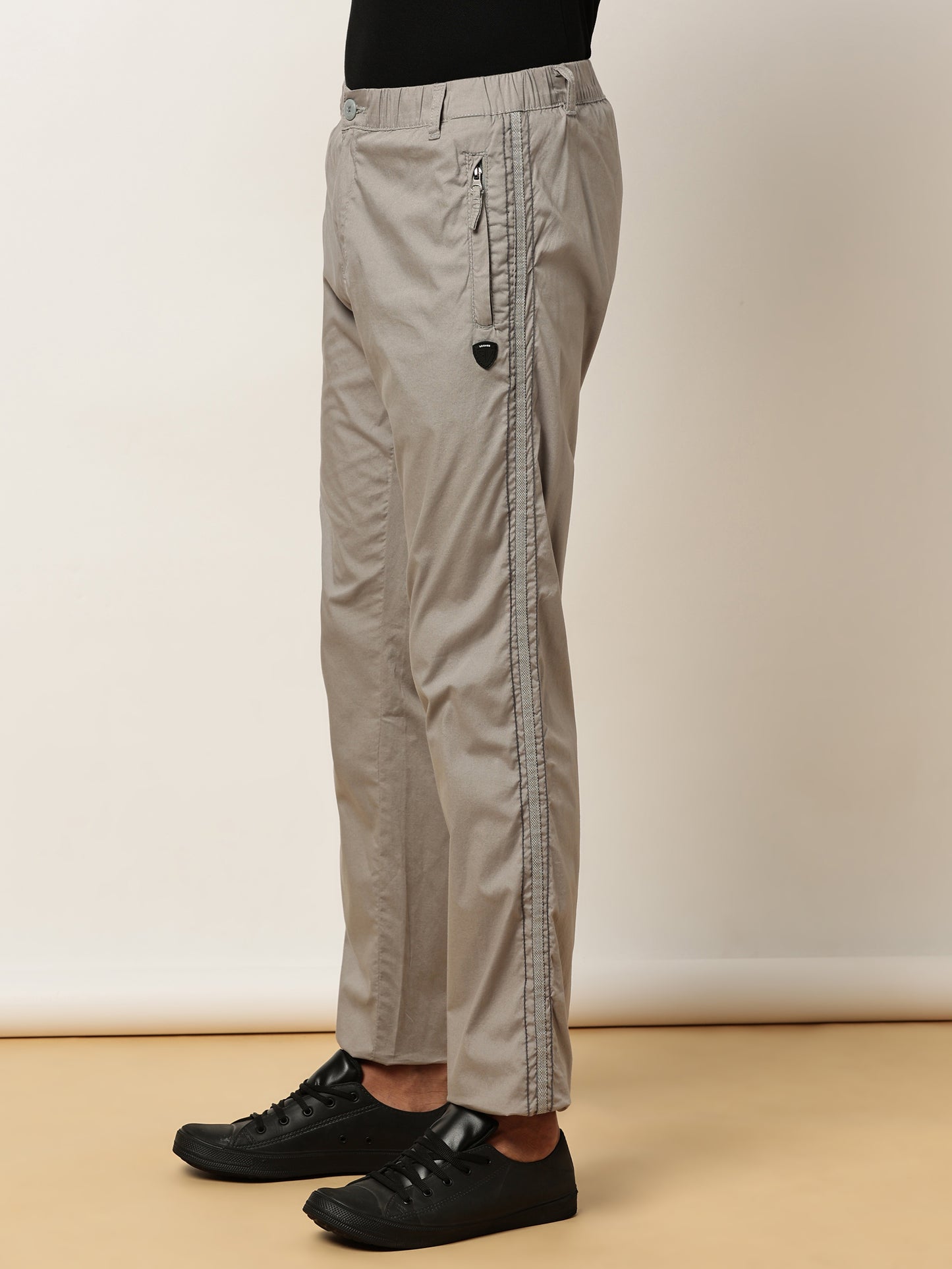 Elasticated Waist Zip Pocket Stretchable Light Grey Lounge Pants with Side Tape