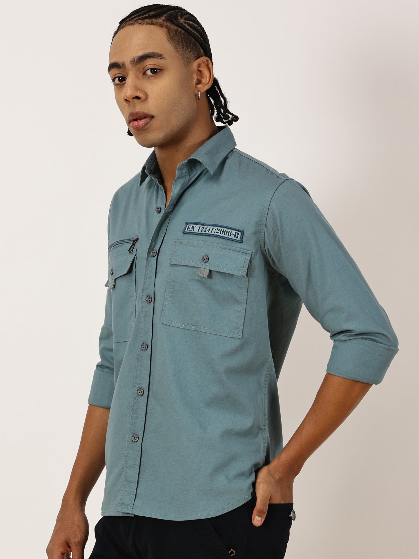 Zip Pocket Stretchable Blue Cargo Shirt