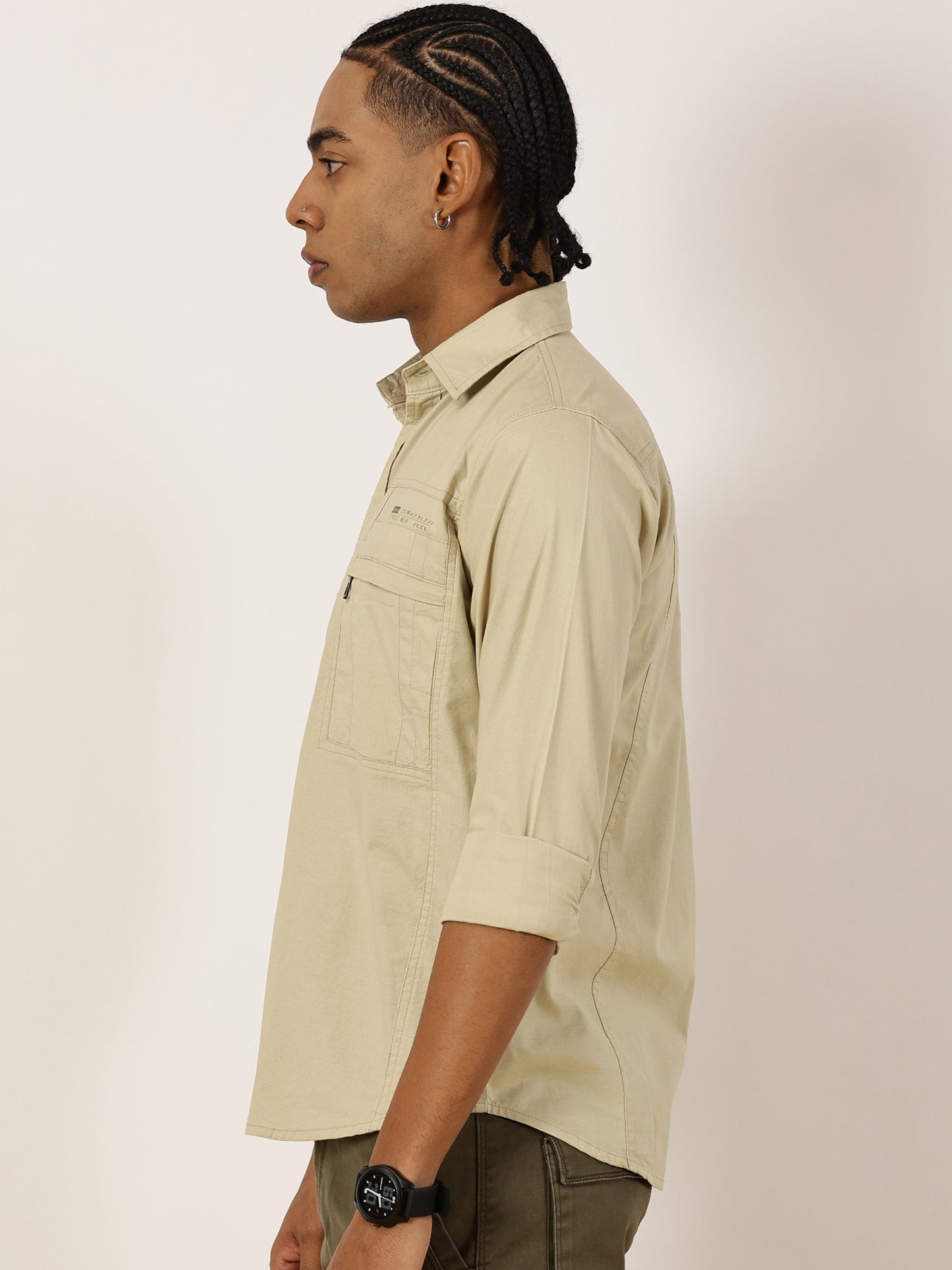Multi Pocket with Zip Stretchable Beige Cargo Shirt