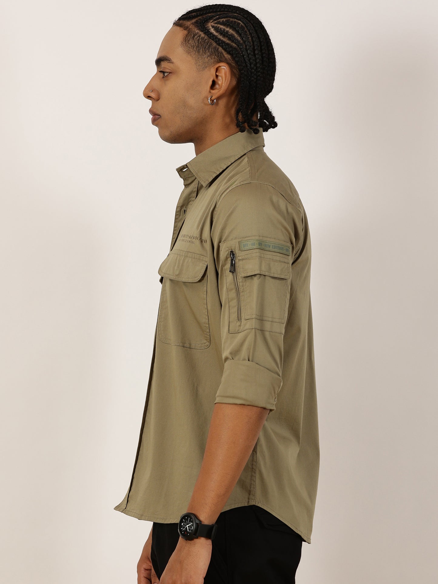 Zip Pocket Stretchable Olive Cargo Shirt