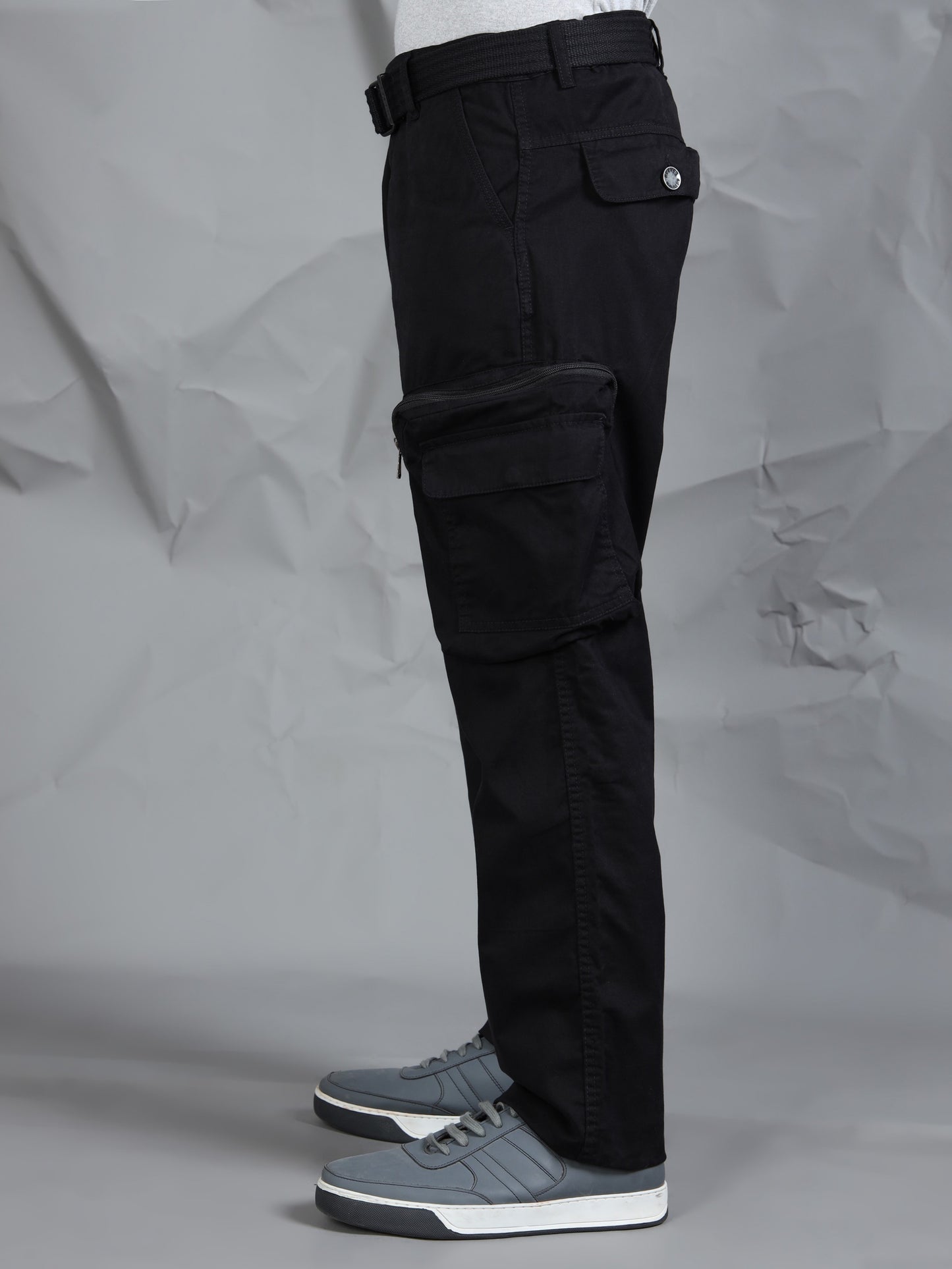 Cotton Lycra  Black Mid Rise Cargo Pant with 8 Pockets