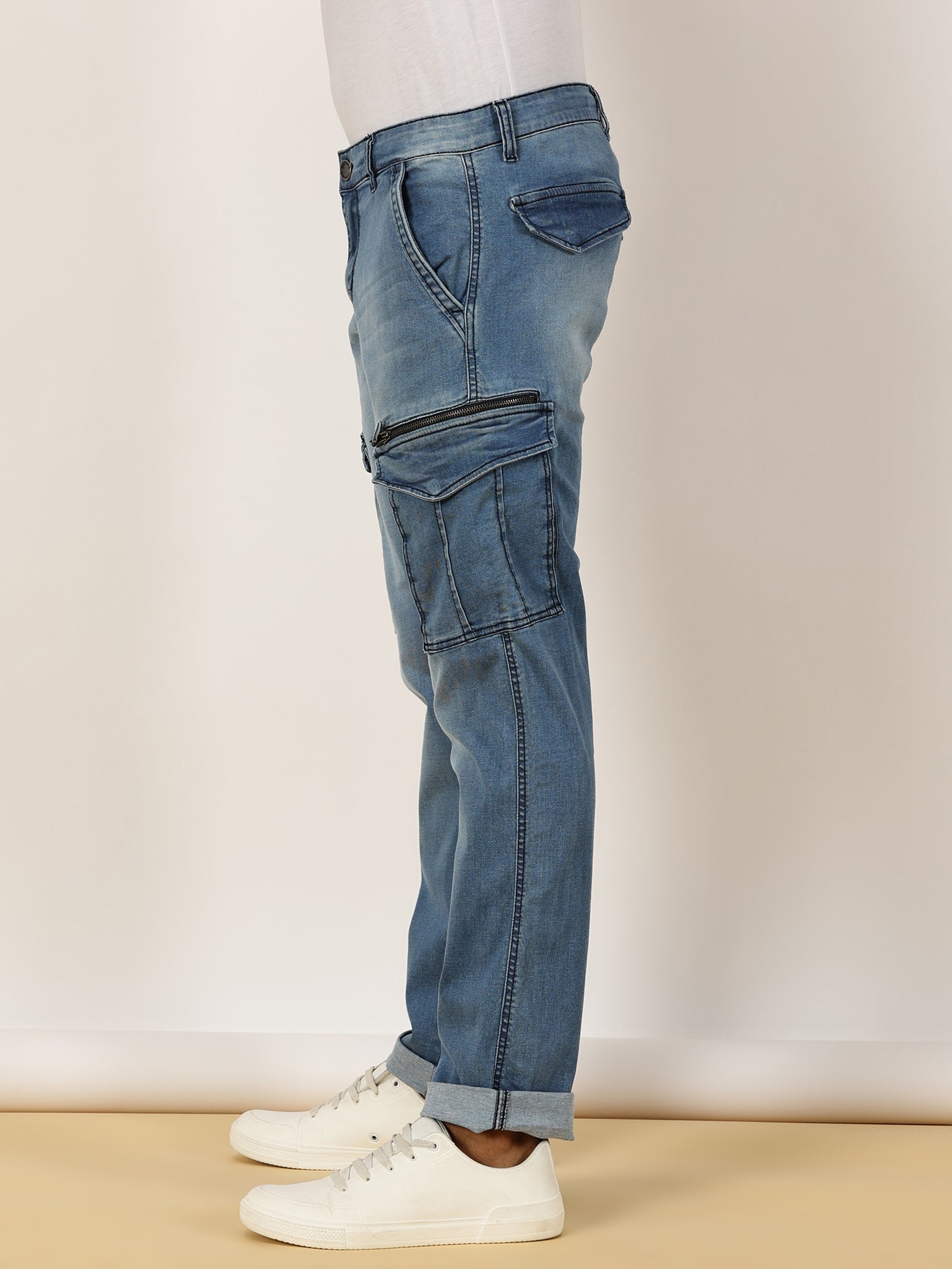 Multi Pocket Stretchable Light Blue Denim Cargo