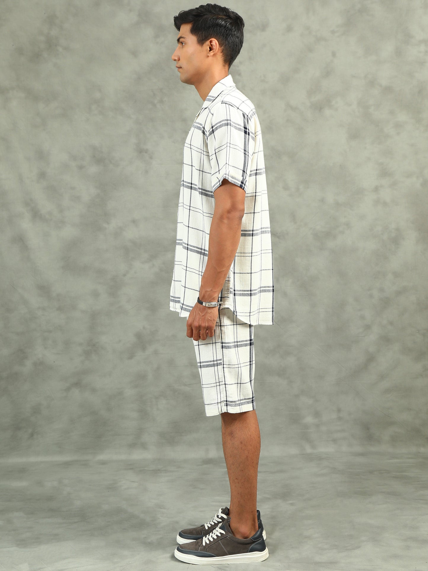 Checkered White Regular Fit Knee-Length Casual Co-ord Set