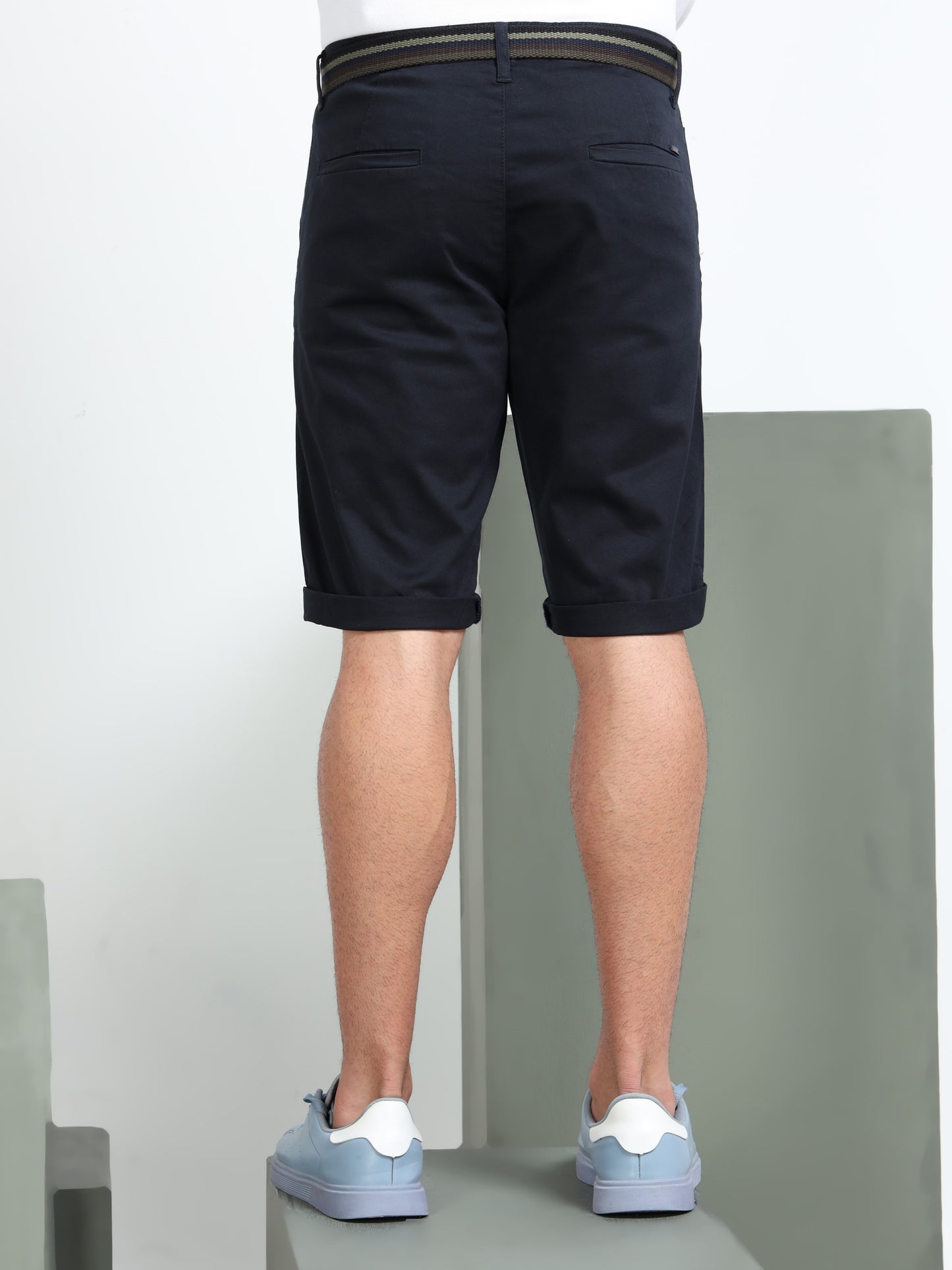 Solid Mid Rise Navy Blue Casual Shorts