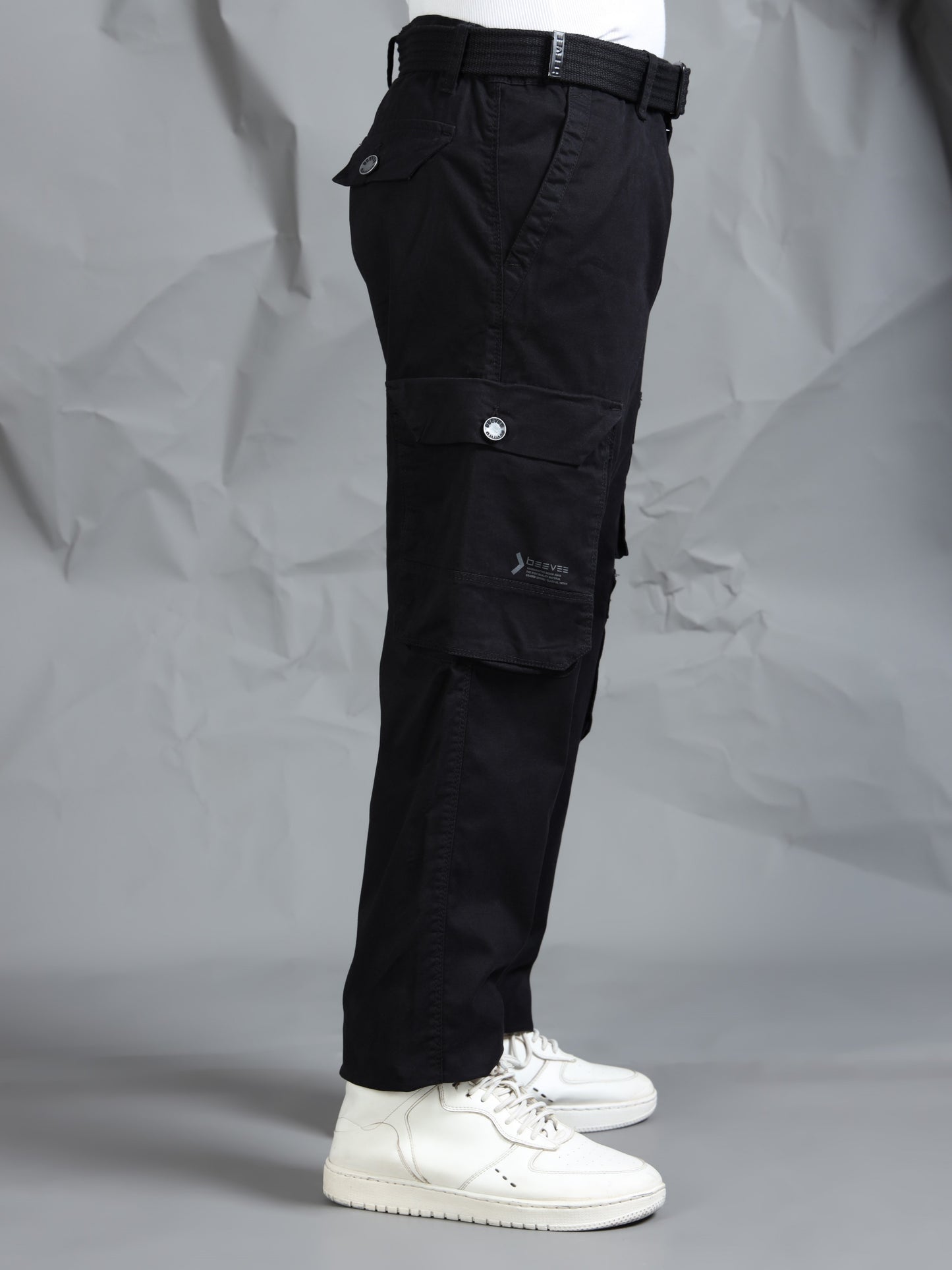 Cotton Lycra Black  Mid Rise Cargo Pant with 7 Pockets