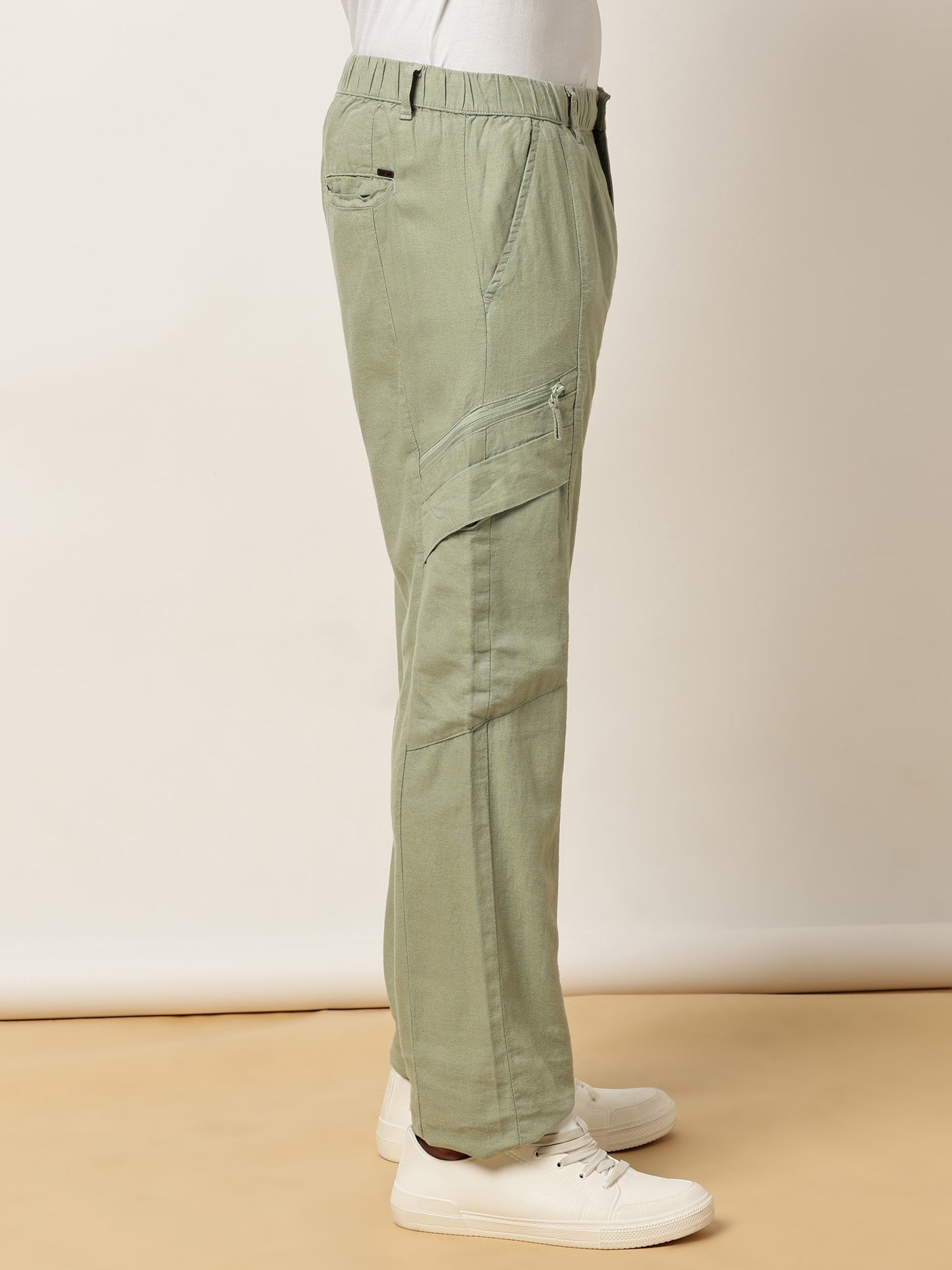 Linen Elasticated Waist Zip Pocket Green Lounge Pants