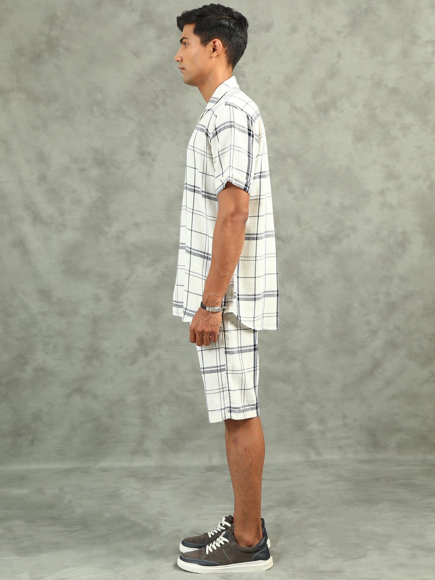 Checkered White Regular Fit Knee-Length Casual Co-ord Set