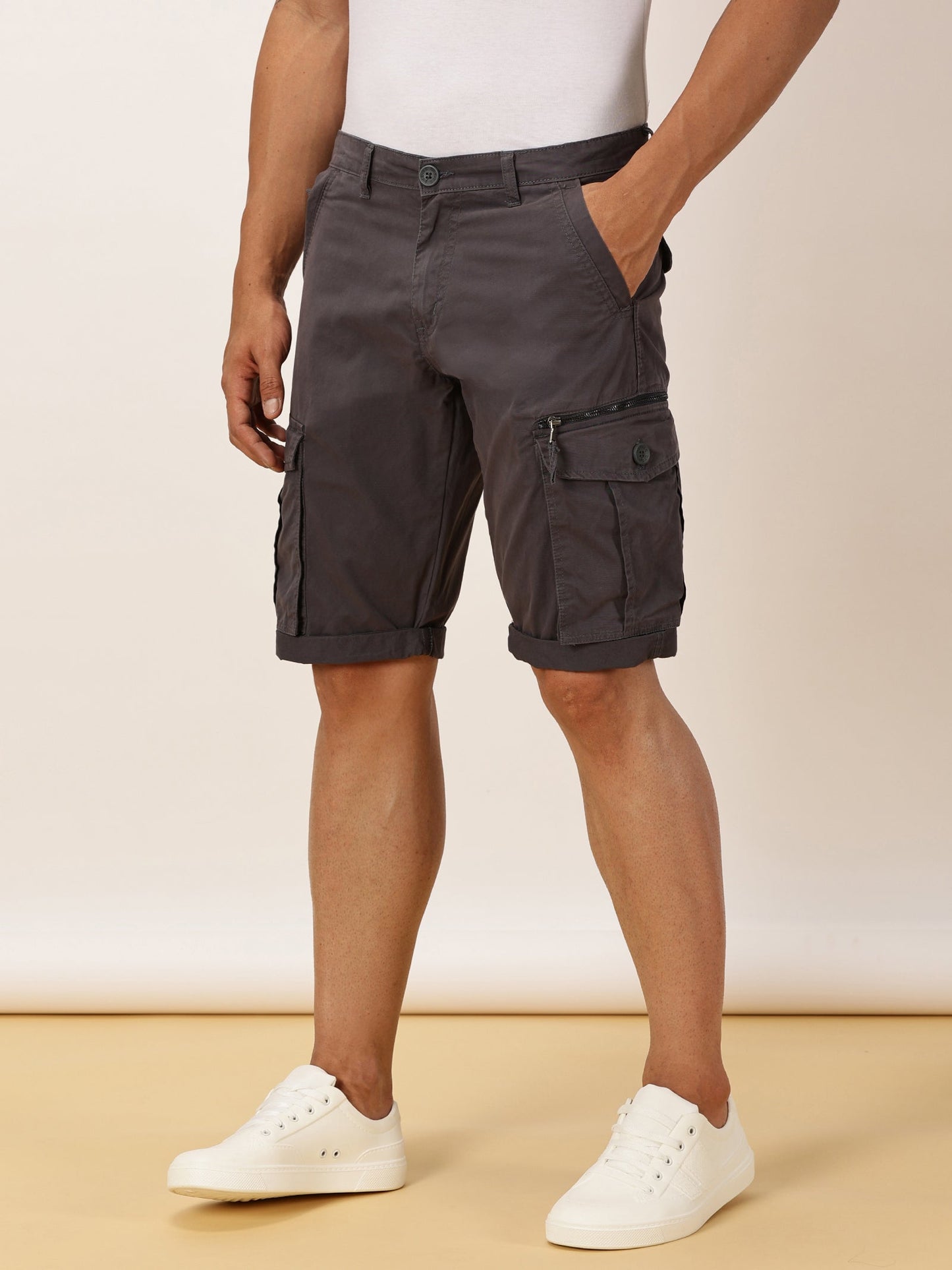 Zip Pocket Stretchable M Grey Cargo Shorts