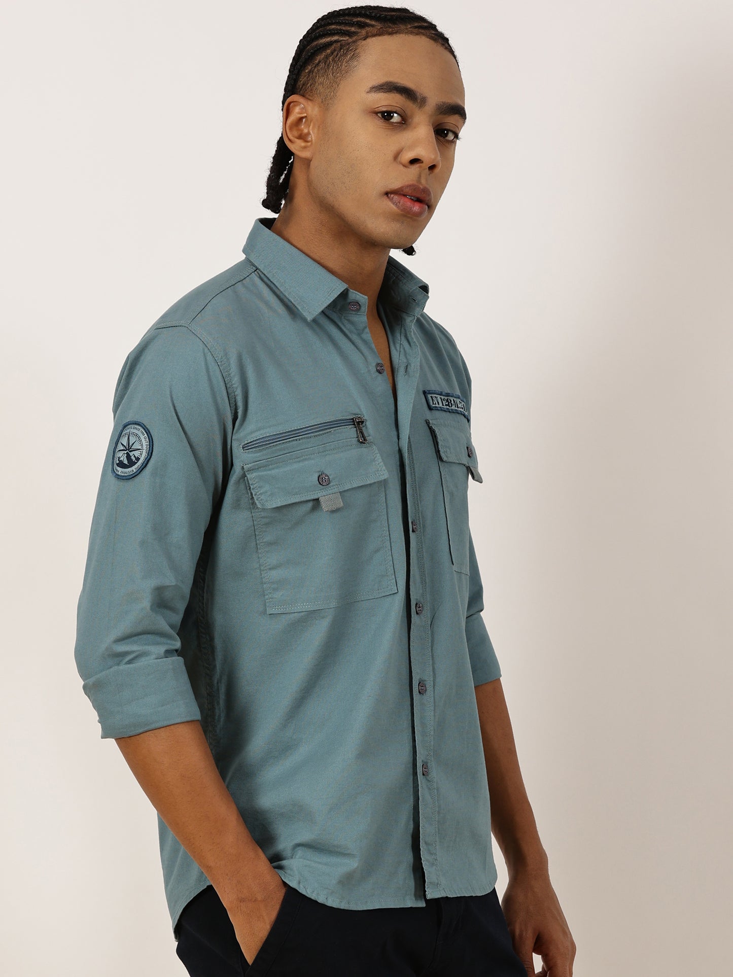 Zip Pocket Stretchable Blue Cargo Shirt