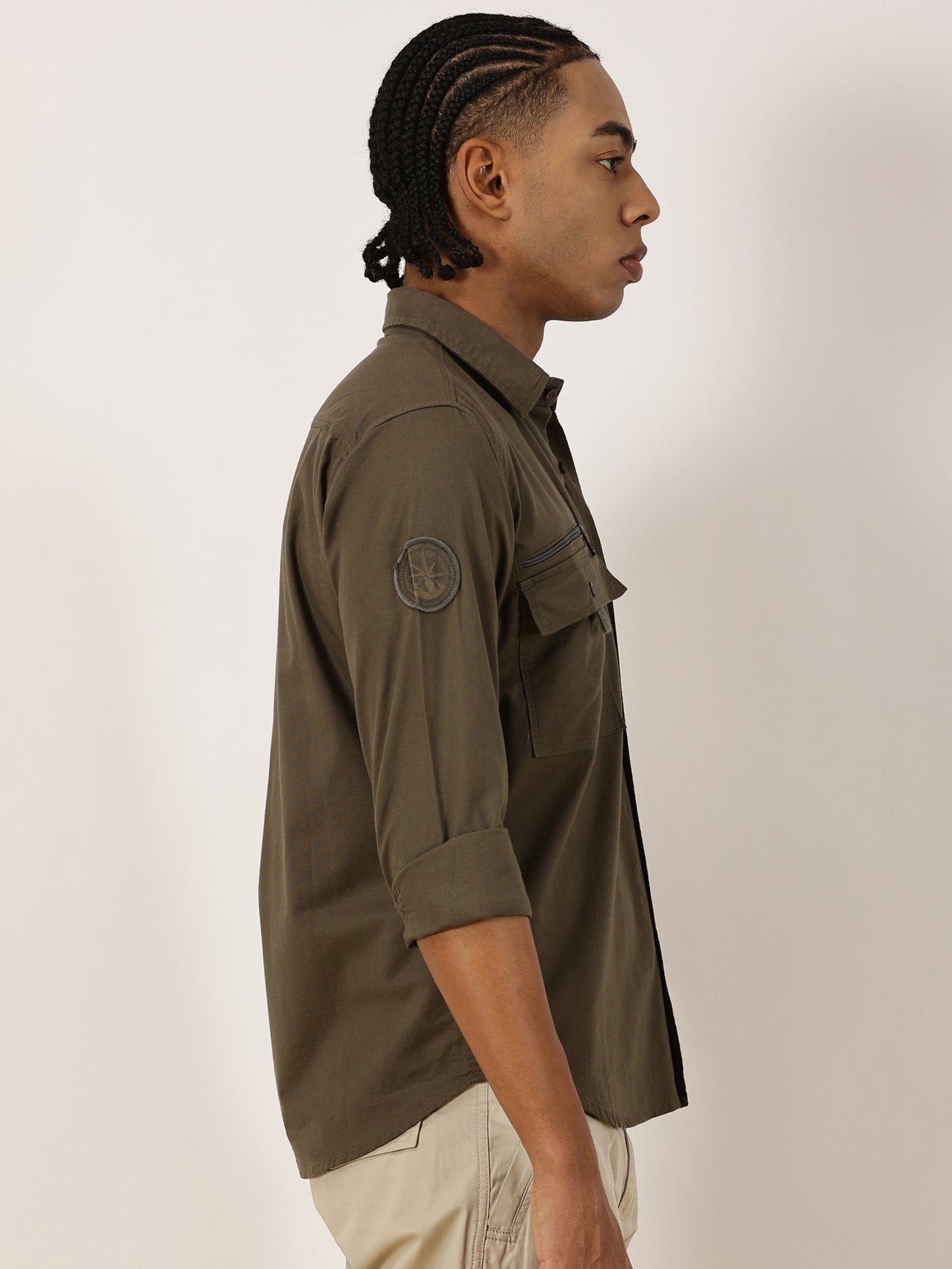 Zip Pocket Stretchable Dark Green Cargo Shirt
