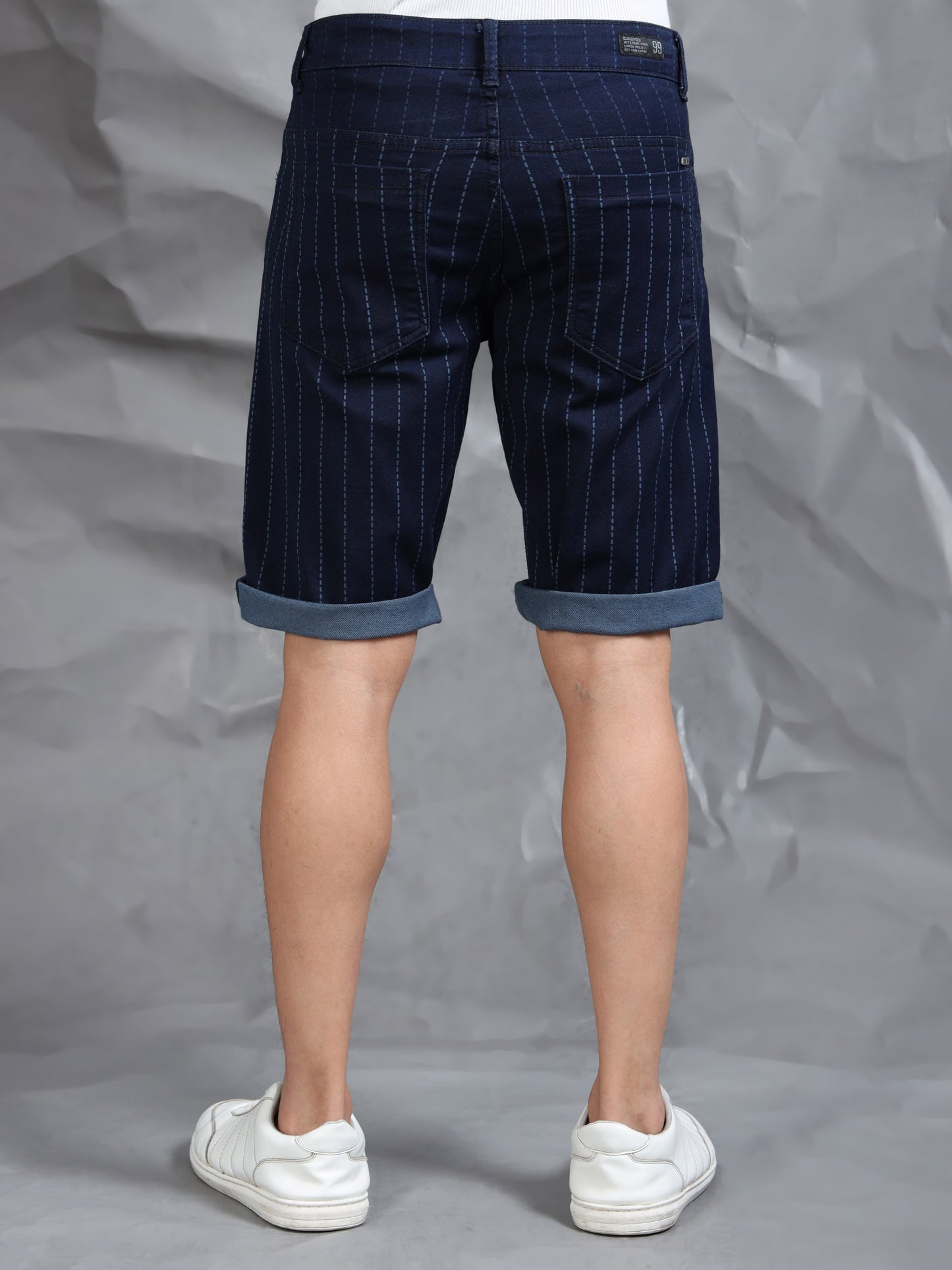 Indigo Striped Cotton Blend Denim Shorts