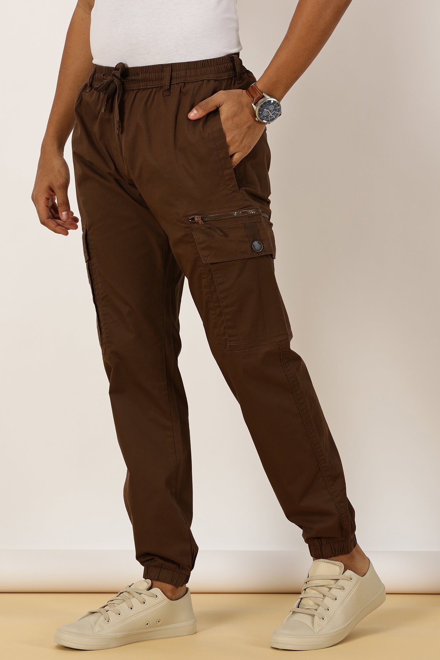 Elasticated Waist Zip Pocket Stretchable Brown Jogger Cargo