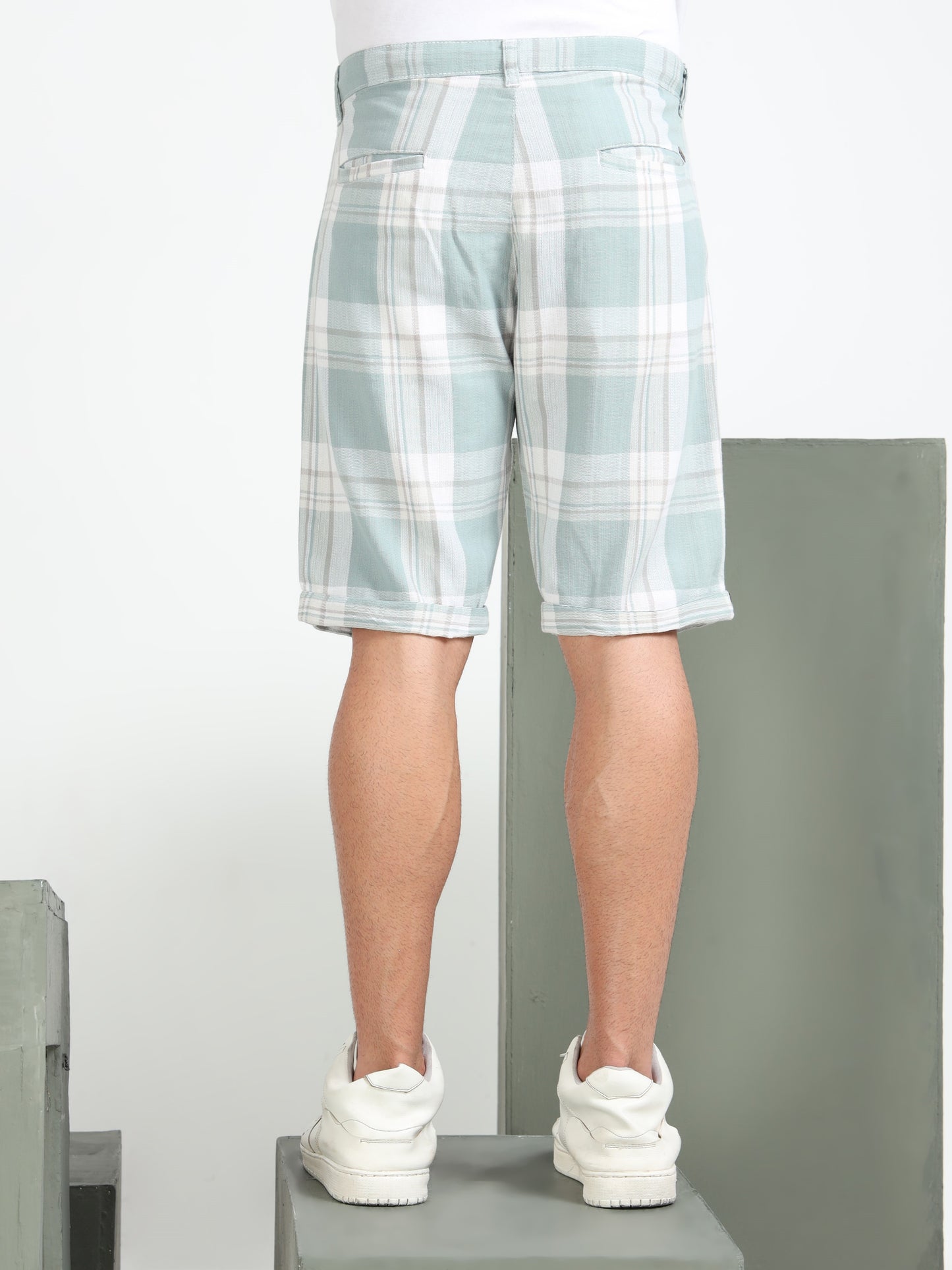 Green Yarn Dyed Cotton Checkered Shorts.