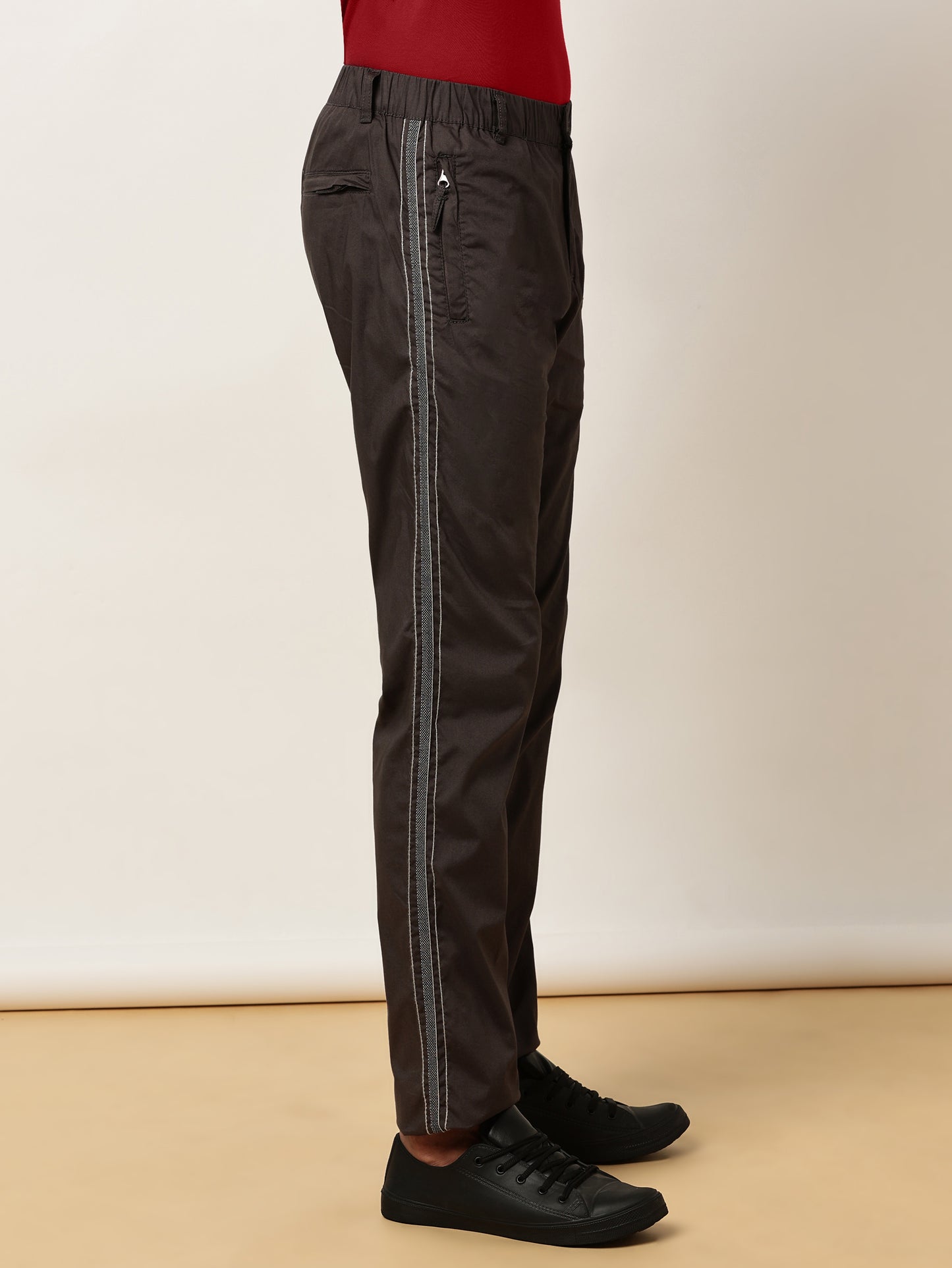 Elasticated Waist Zip Pocket Stretchable Grey Lounge Pants with Side Tape