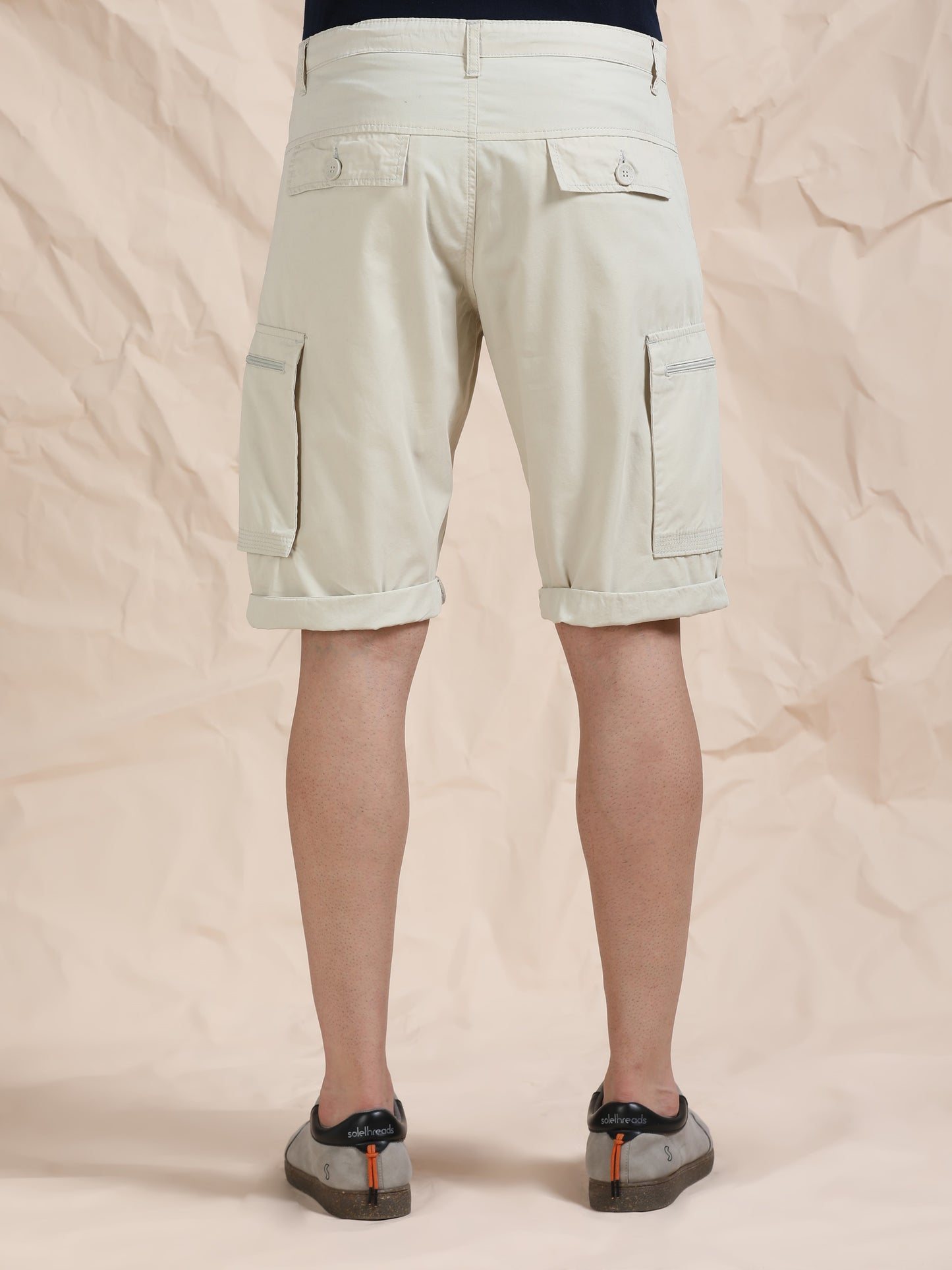Solid Beige Cotton Shorts