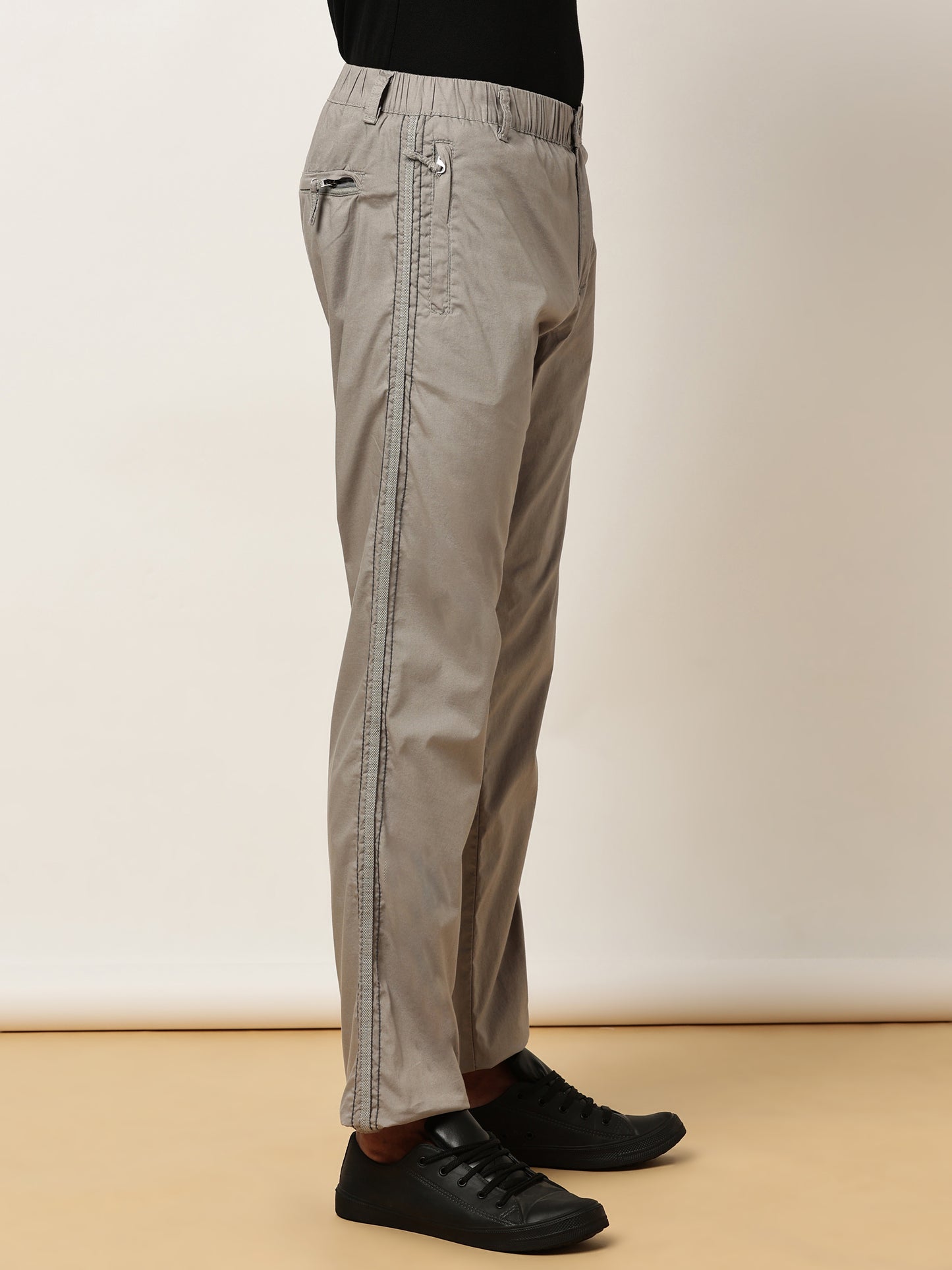 Elasticated Waist Zip Pocket Stretchable Light Grey Lounge Pants with Side Tape