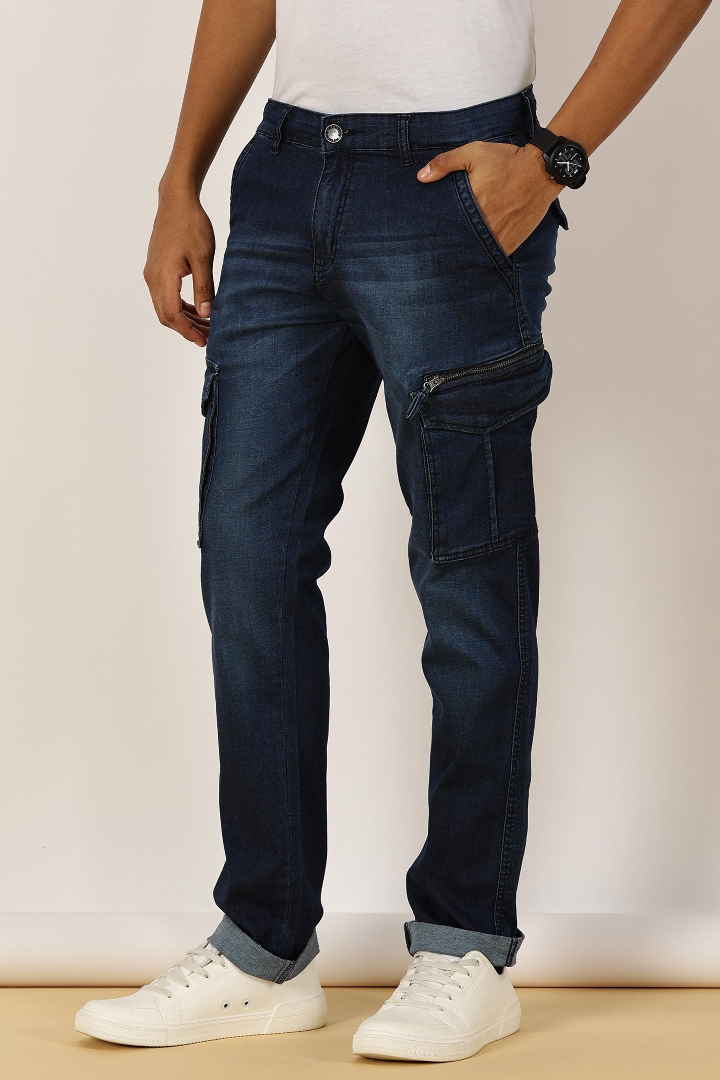Multi Pocket Stretchable Dark Blue Denim Cargo