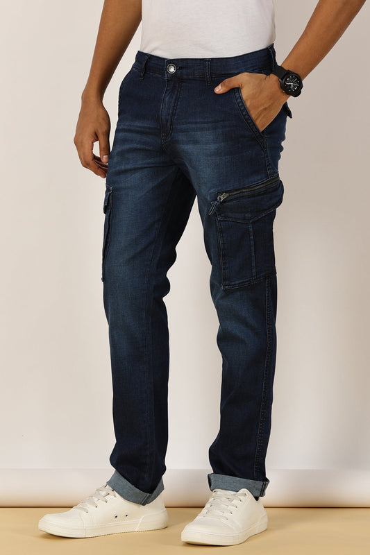 Multi Pocket Stretchable Dark Blue Denim Cargo