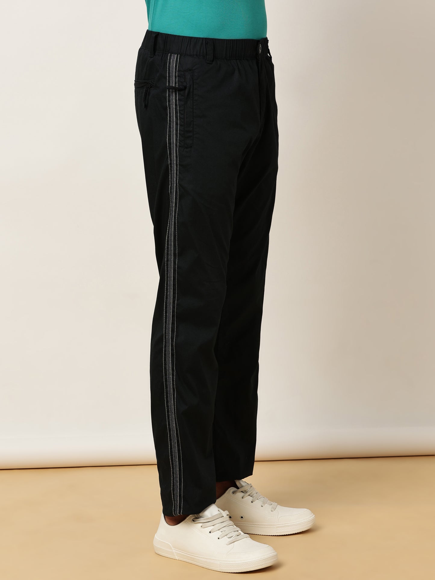 Elasticated Waist Zip Pocket Stretchable Navy Lounge Pants with Side Tape