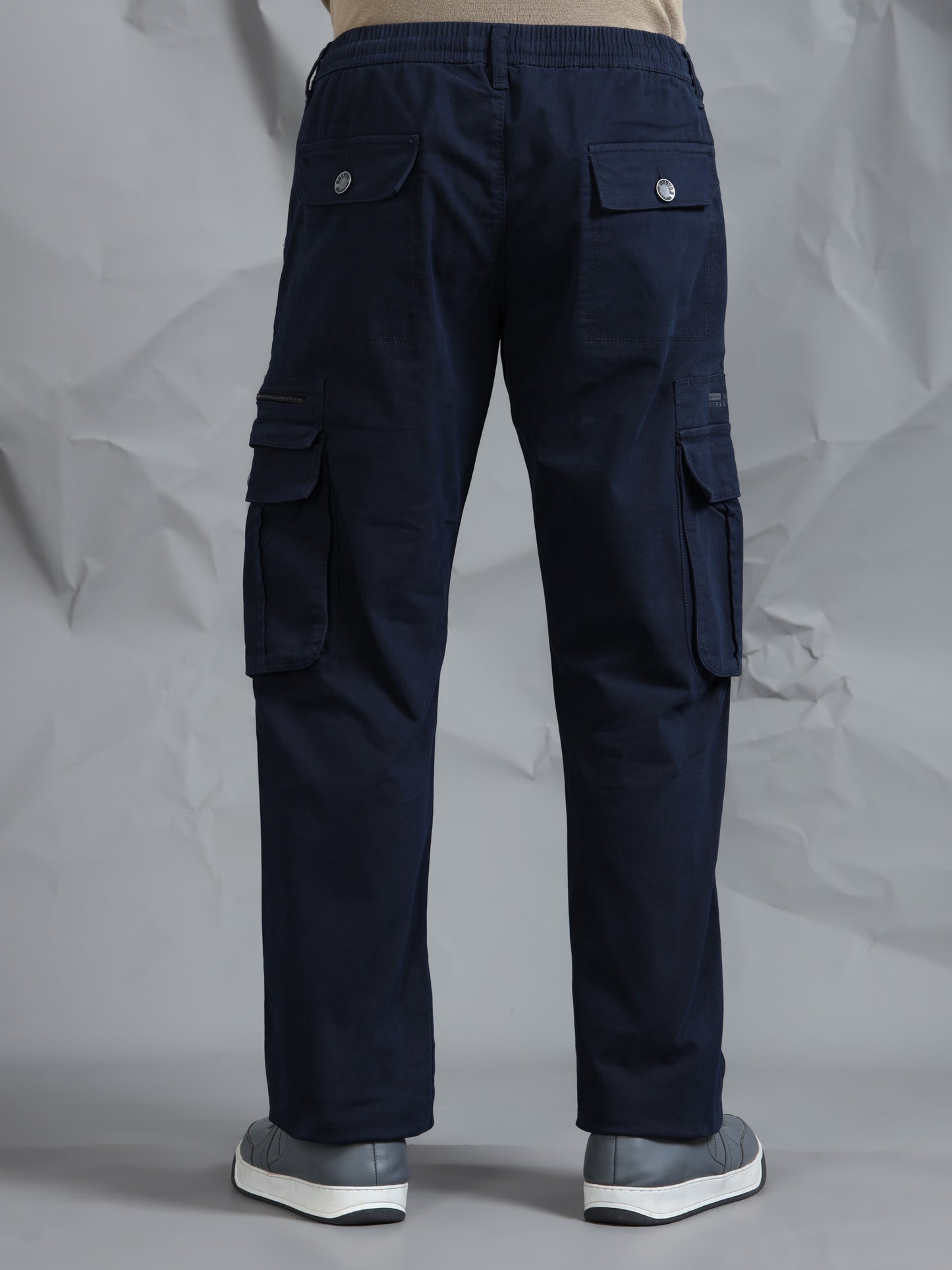 Cotton Lycra Navy Blue  Mid Rise Cargo Pant with 7 Pockets  Drawstring Closure