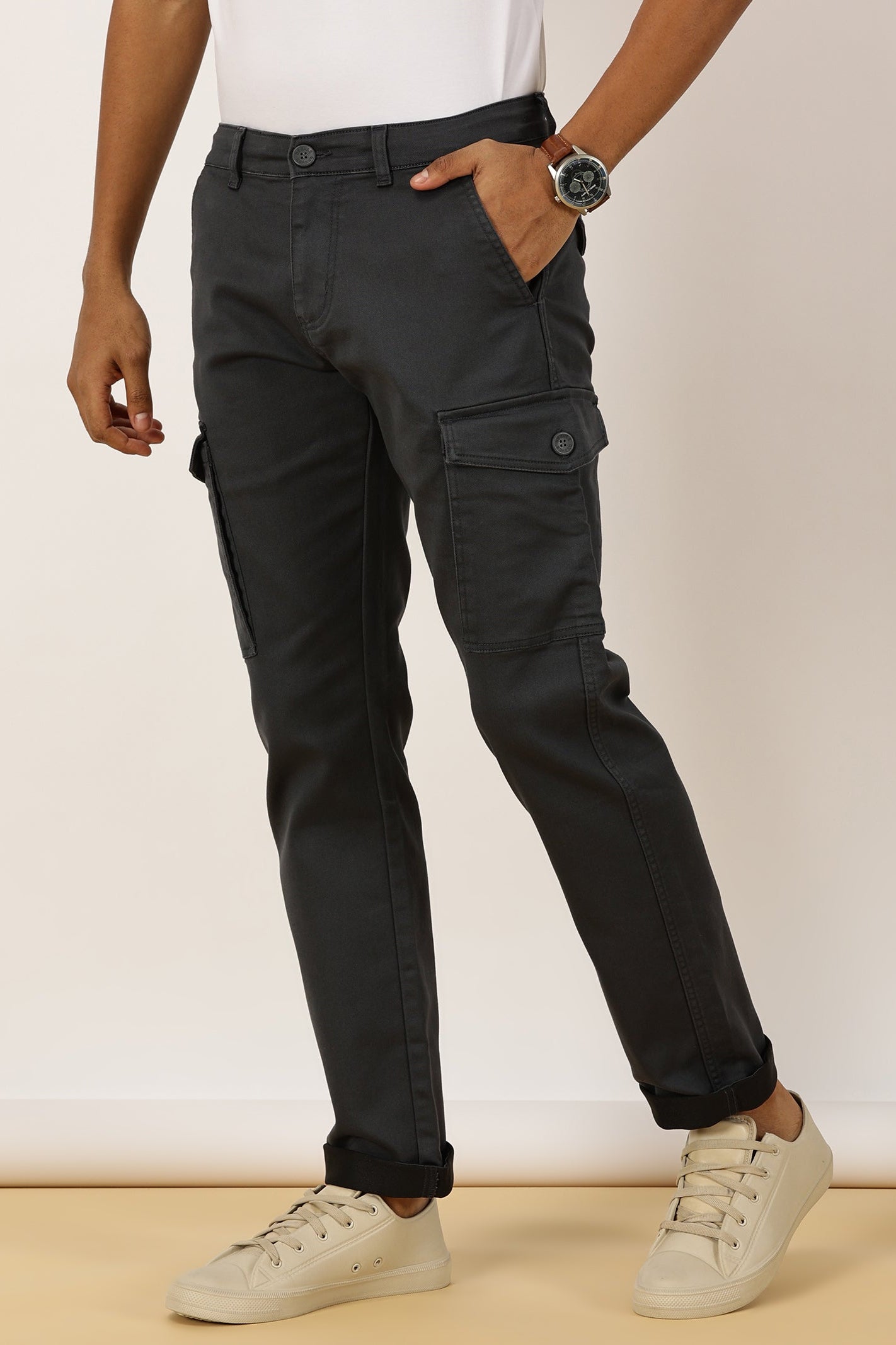Multi Pocket Stretchable Grey Cargo