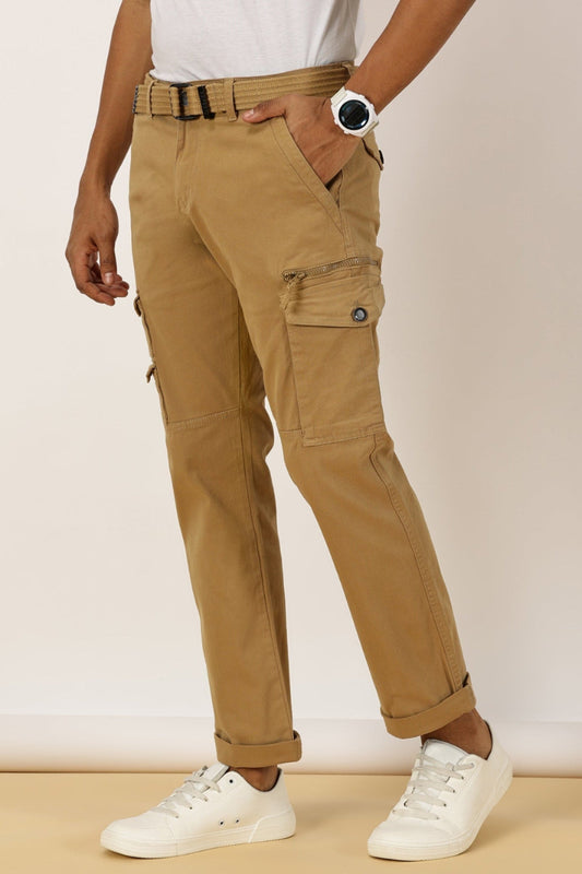 Zip Pocket Stretchable Khaki Cargo With Belt
