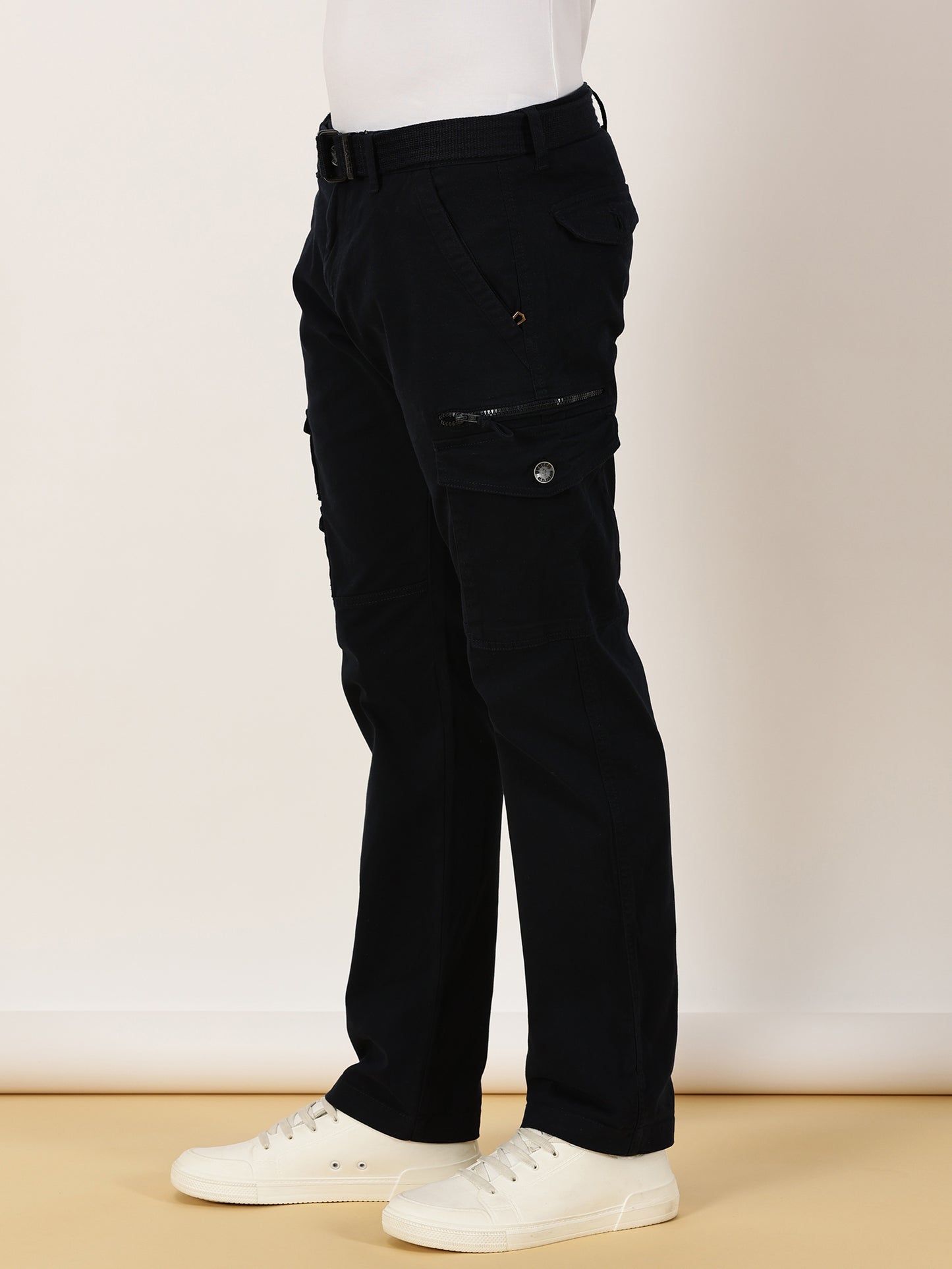 Zip Pocket Stretchable Navy Cargo With Belt