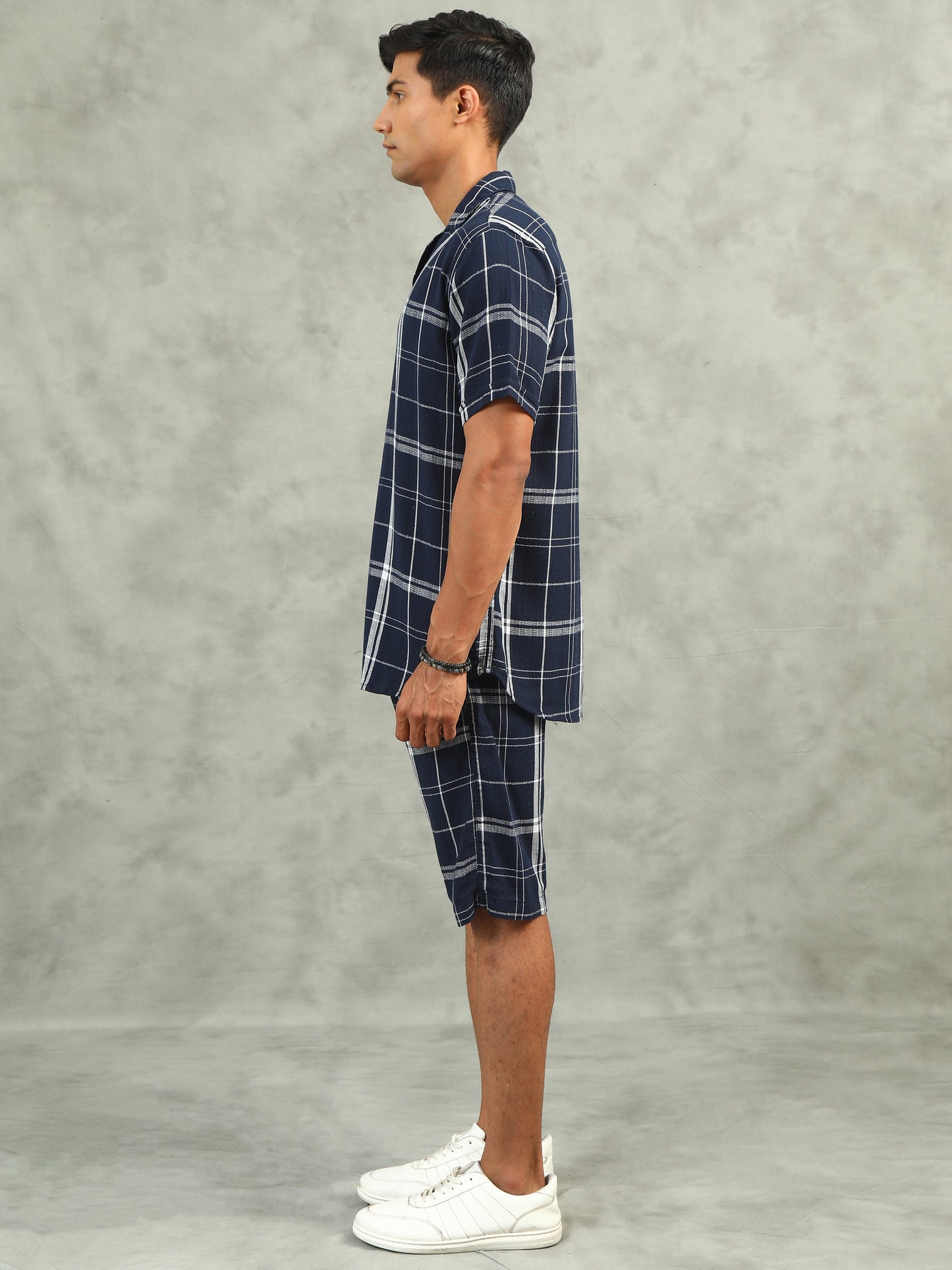 Checkered Navy Regular Fit Knee-Length Casual Co-ord Set