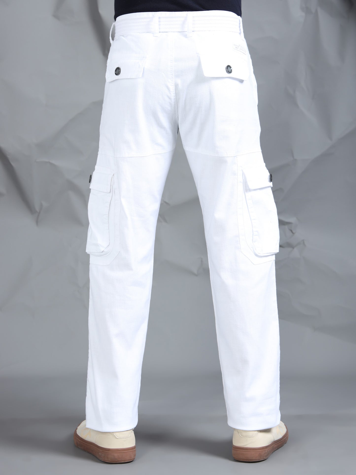 Cotton Lycra  White Mid Rise Cargo Pant with 8 Pockets