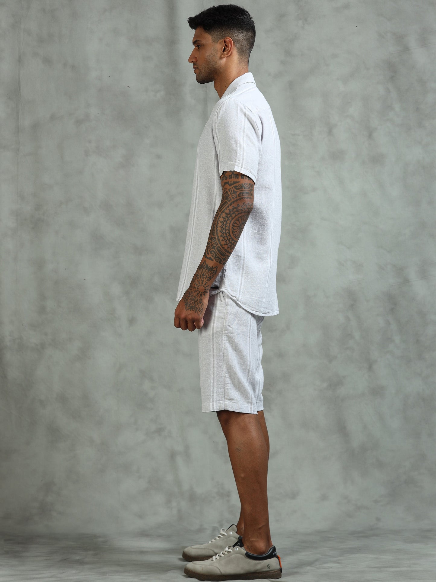 Striped Grey Regular Fit Knee-Length Casual Co-ord Set