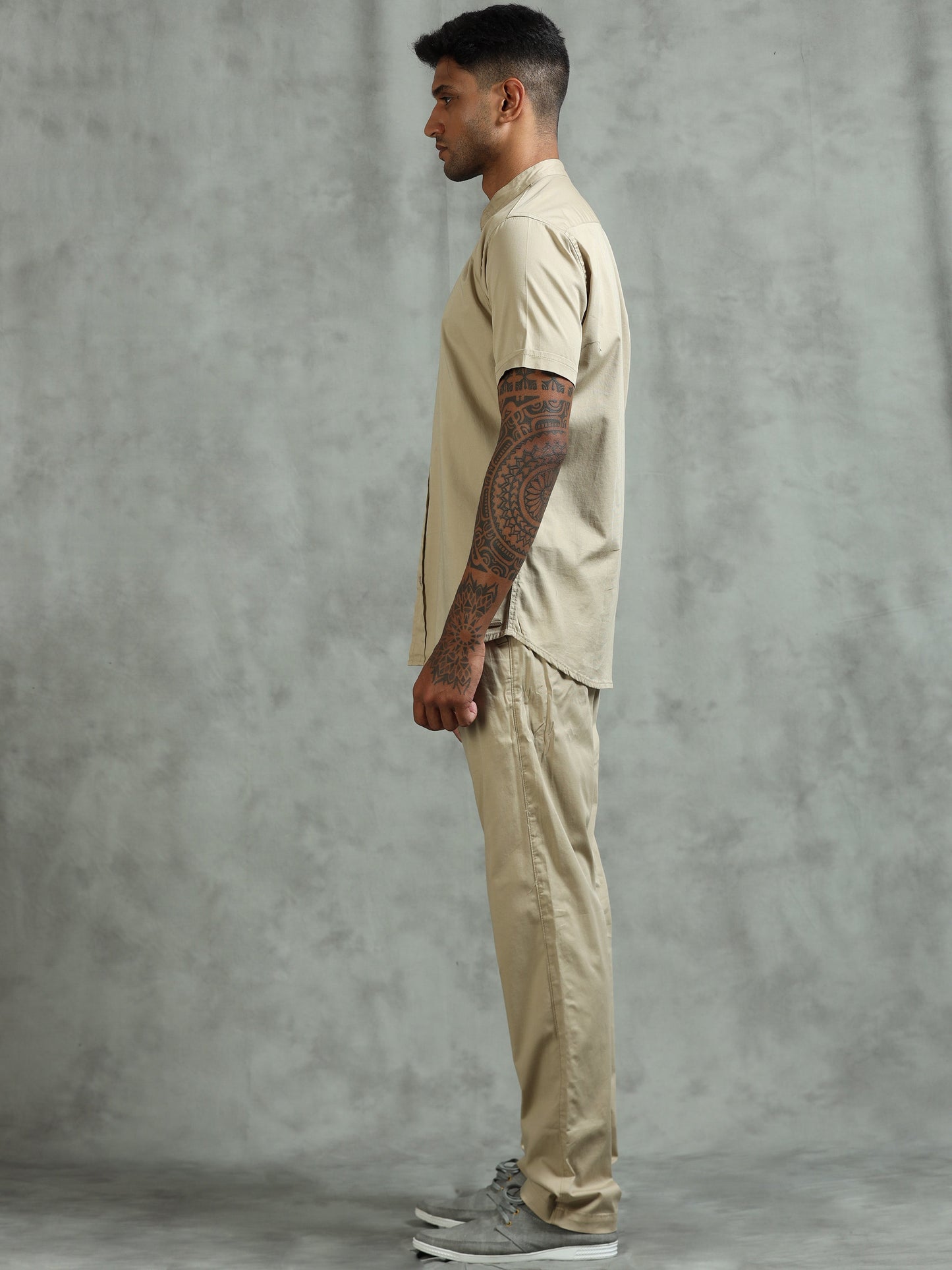 Beige Regular Fit Half Sleeve Solid Casual Co-ord Sets
