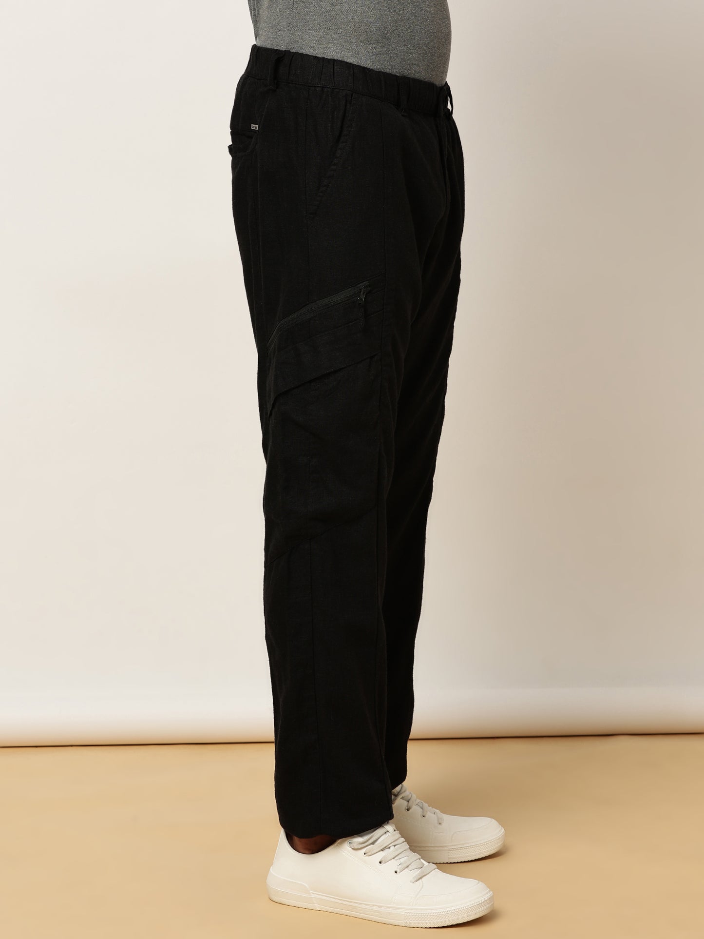 Linen Elasticated Waist Zip Pocket Black Lounge Pants