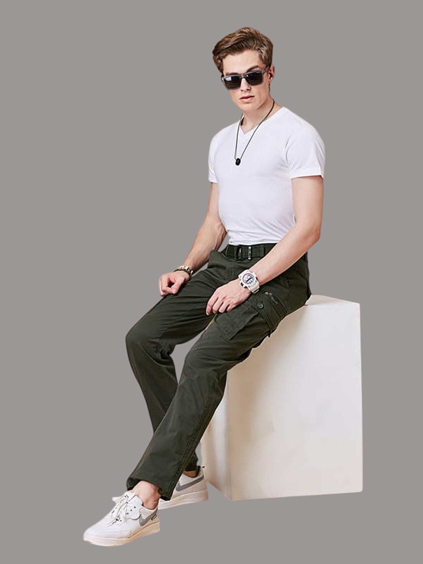 Multi Pocket Stretchable Olive Cargo With Belt