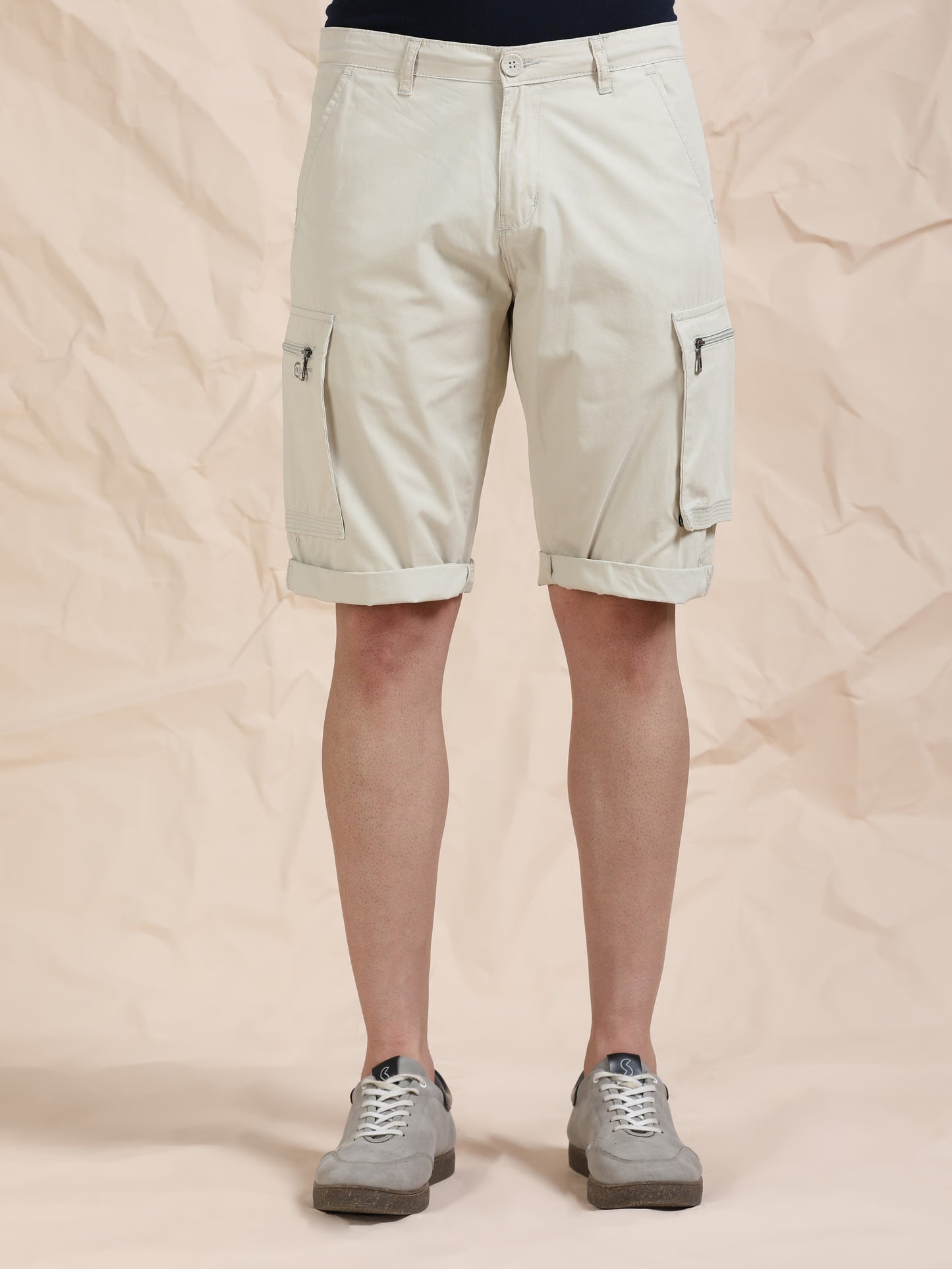 Solid Beige Cotton Shorts