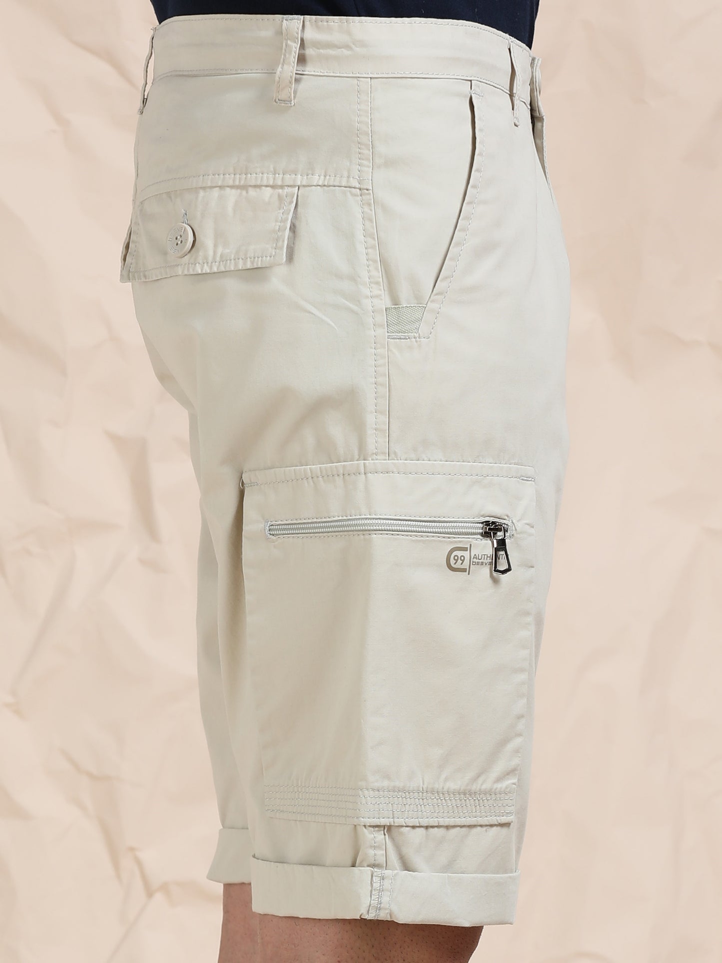 Solid Beige Cotton Shorts