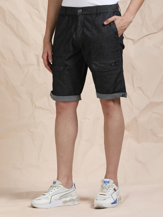 Men's Black Solid Cotton Lycra Mid-Rise Casual Shorts