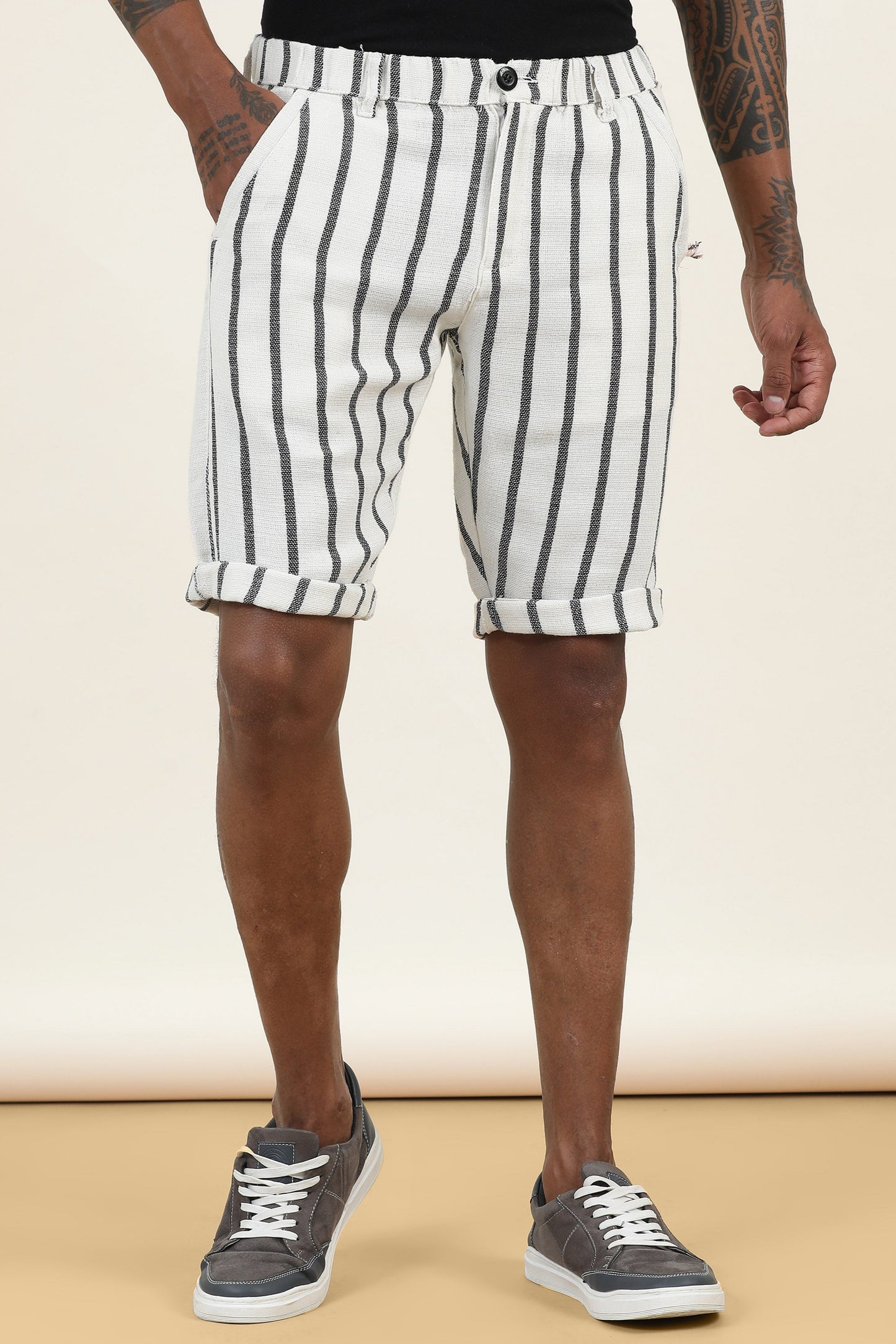 Elasticated Waist Zip Pocket Off White Yarn Dyed Striped Shorts