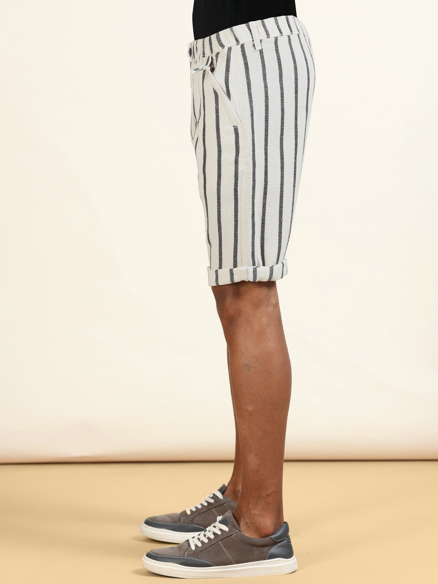 Elasticated Waist Zip Pocket Off White Yarn Dyed Striped Shorts