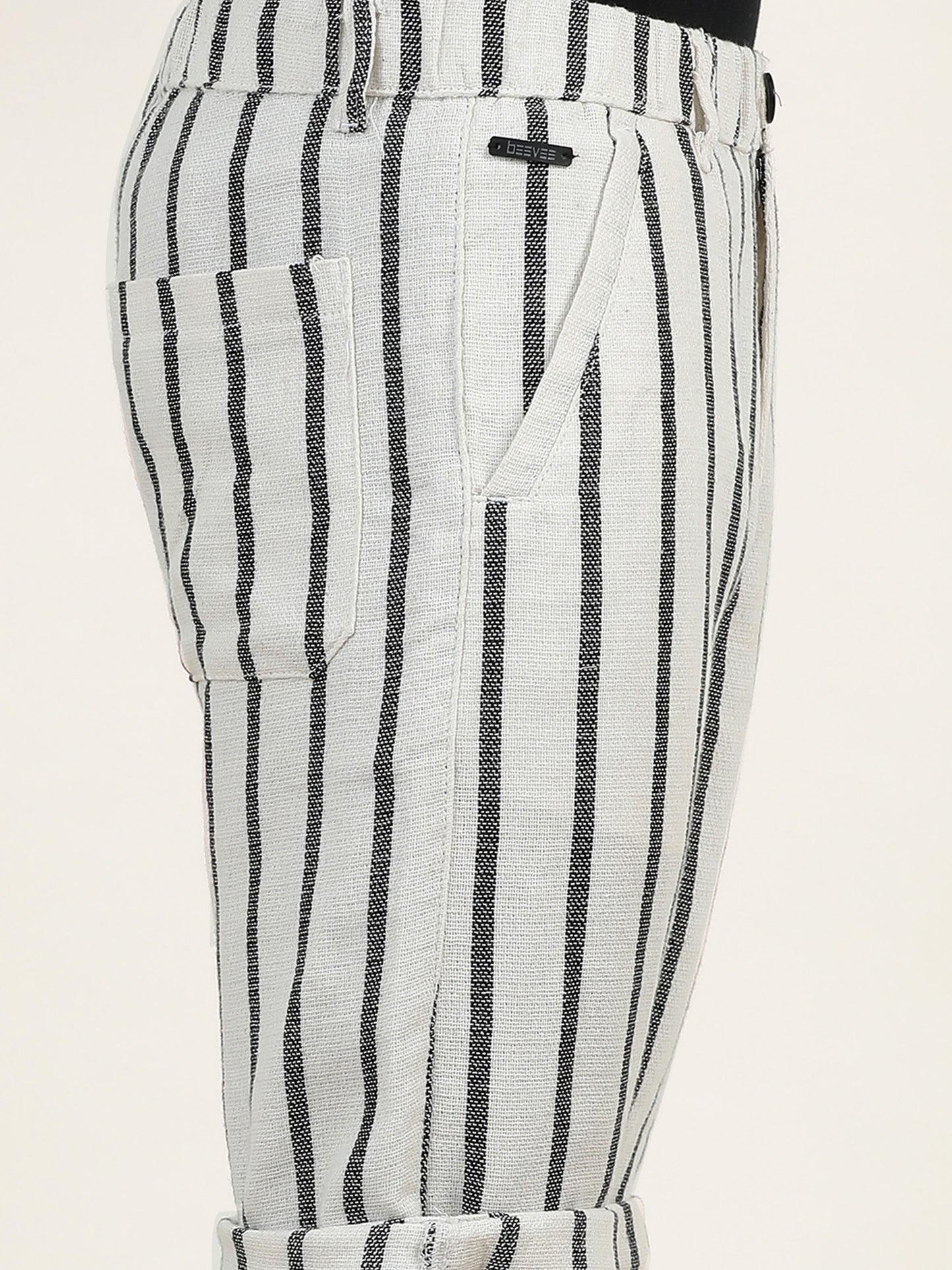 Elasticated Waist Zip Pocket Off White Yarn Dyed Striped Shorts