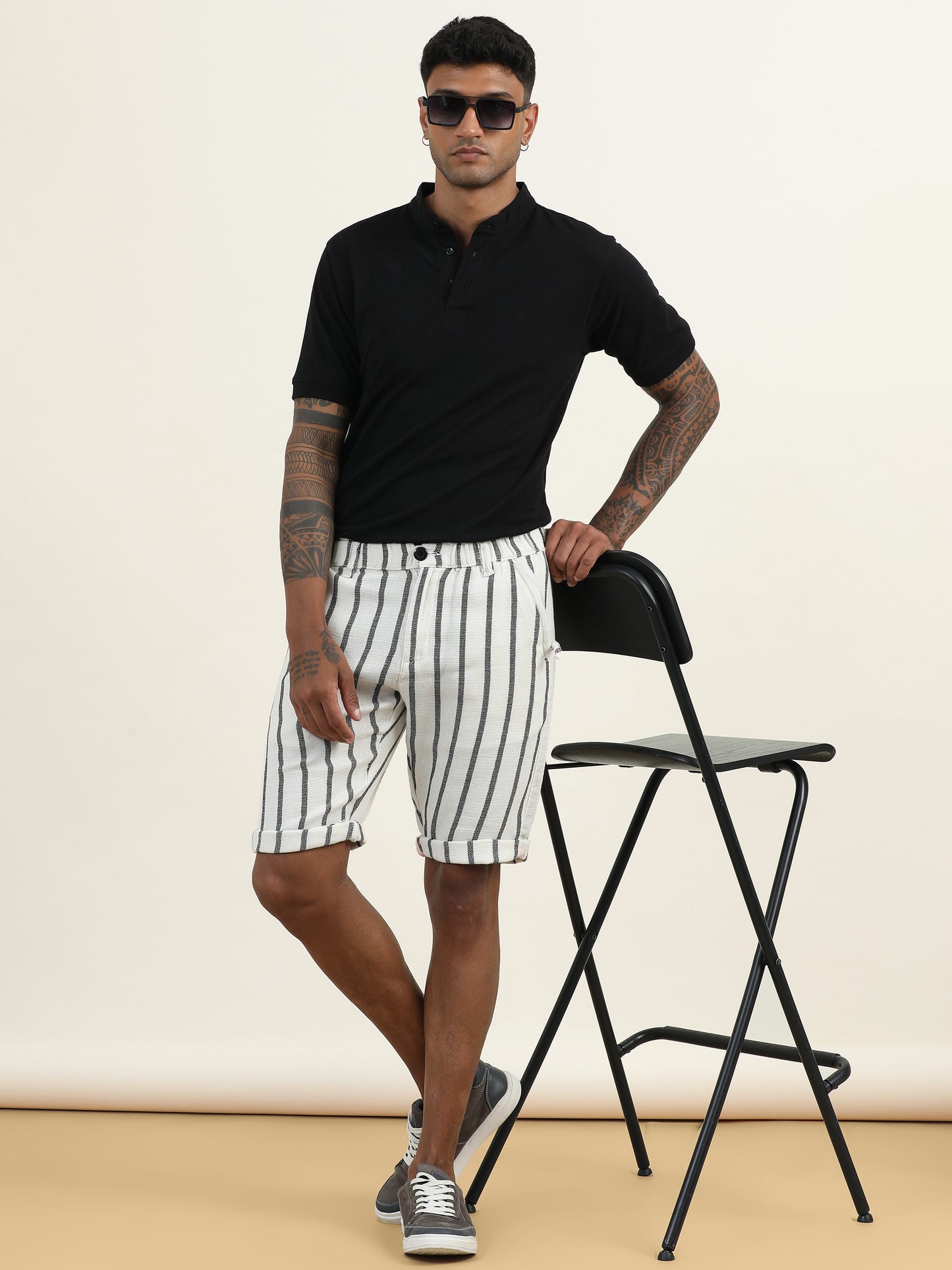 Elasticated Waist Zip Pocket Off White Yarn Dyed Striped Shorts