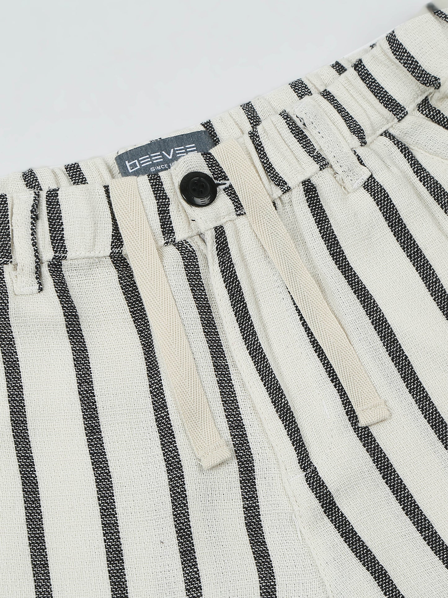 Elasticated Waist Zip Pocket Off White Yarn Dyed Striped Shorts