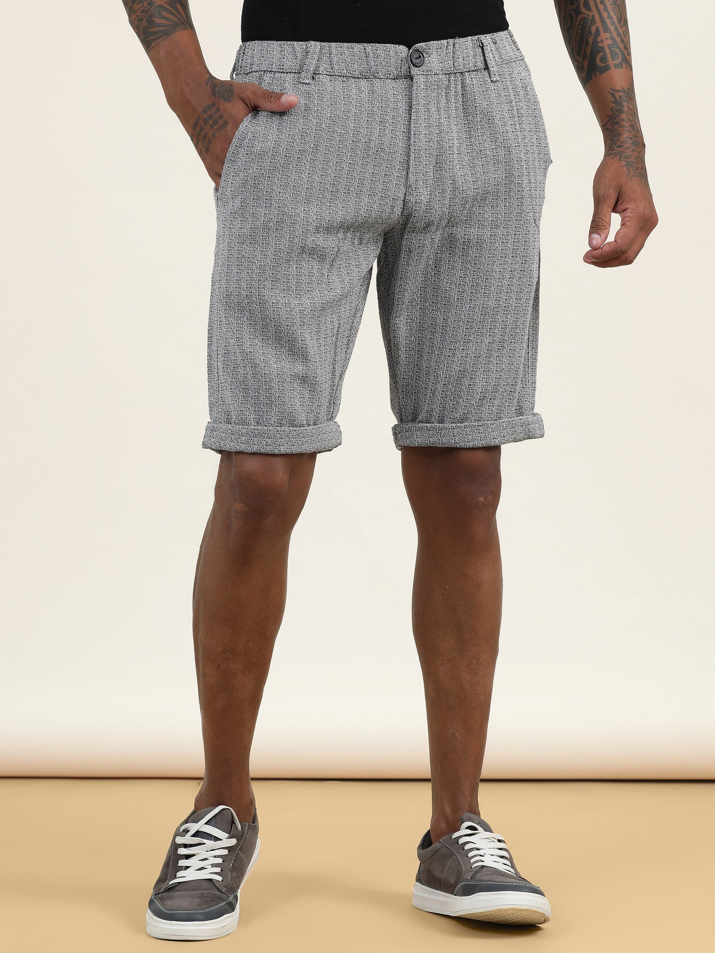 Yarn Dyed Elasticated Waist Black Shorts