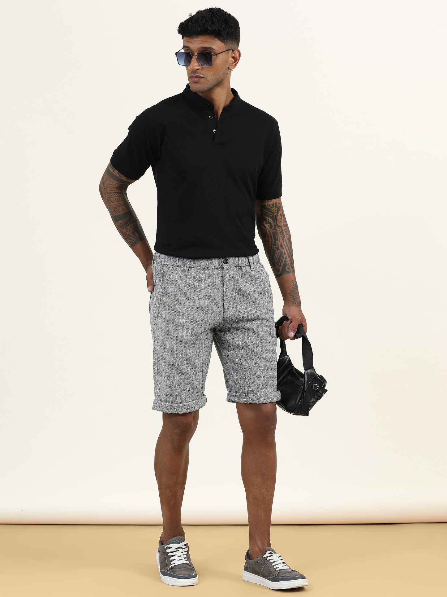 Yarn Dyed Elasticated Waist Black Shorts