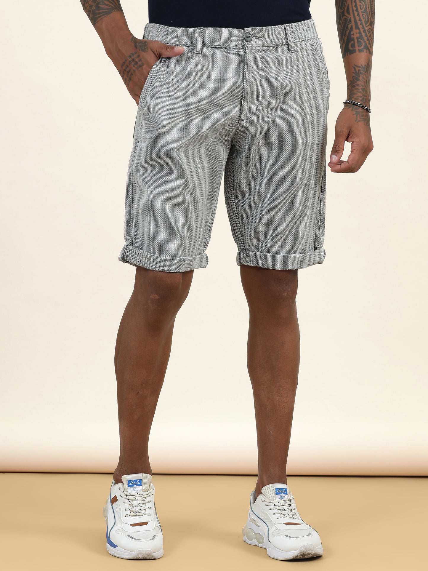 Yarn Dyed Elasticated Waist Olive Shorts