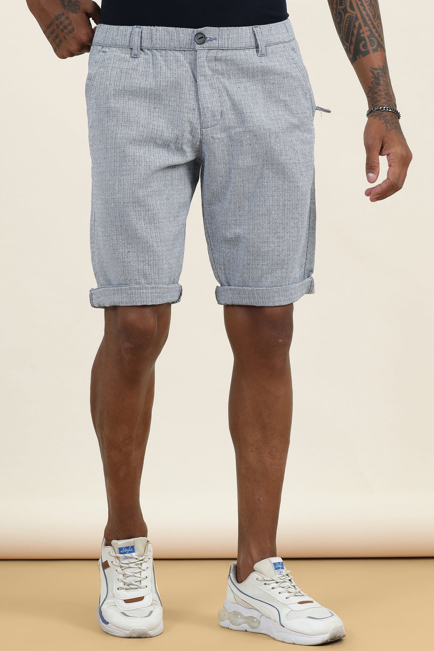 Elasticated Waist Zip Pocket Yarn Dyed Blue Shorts