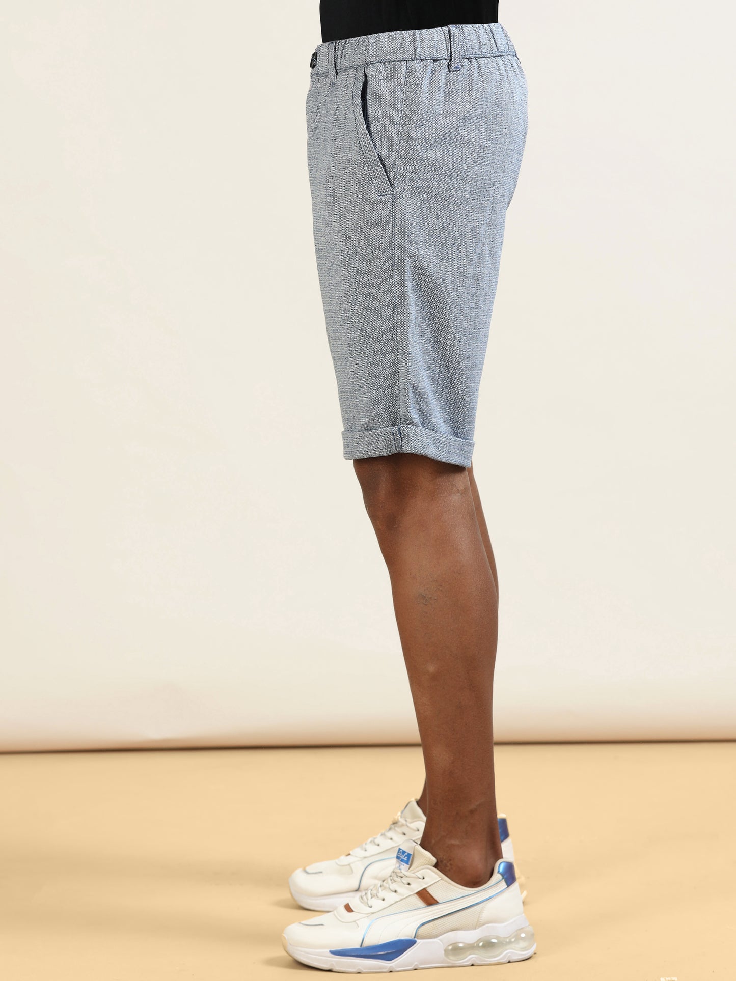 Elasticated Waist Zip Pocket Yarn Dyed Blue Shorts
