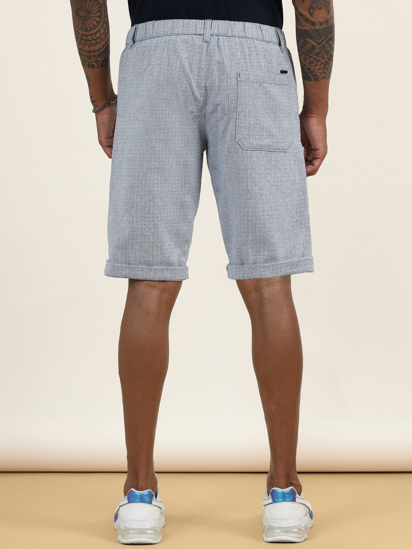 Elasticated Waist Zip Pocket Yarn Dyed Blue Shorts
