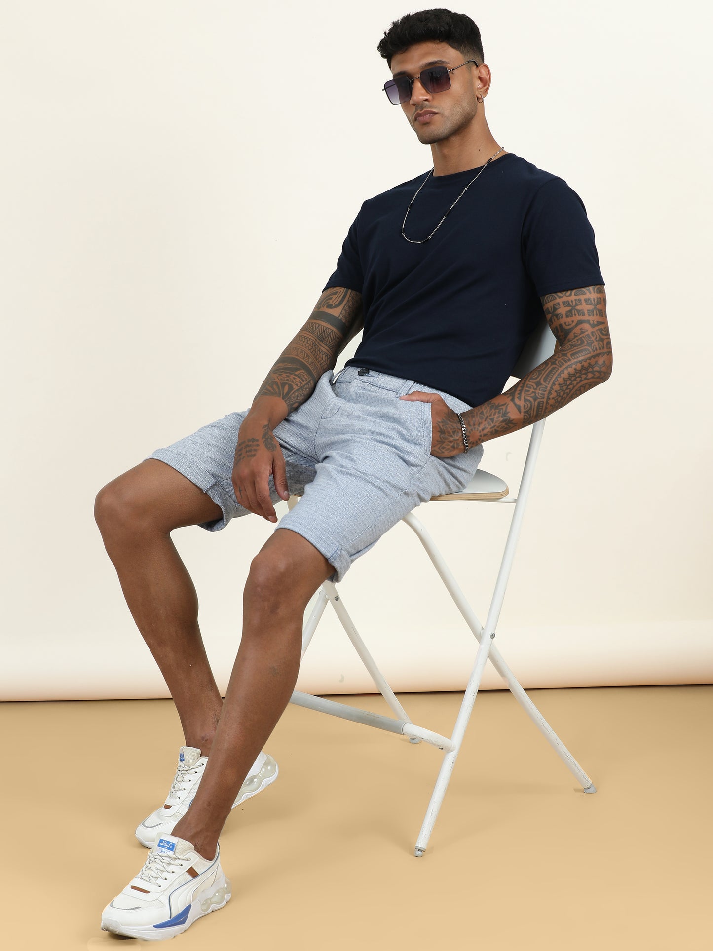 Elasticated Waist Zip Pocket Yarn Dyed Blue Shorts