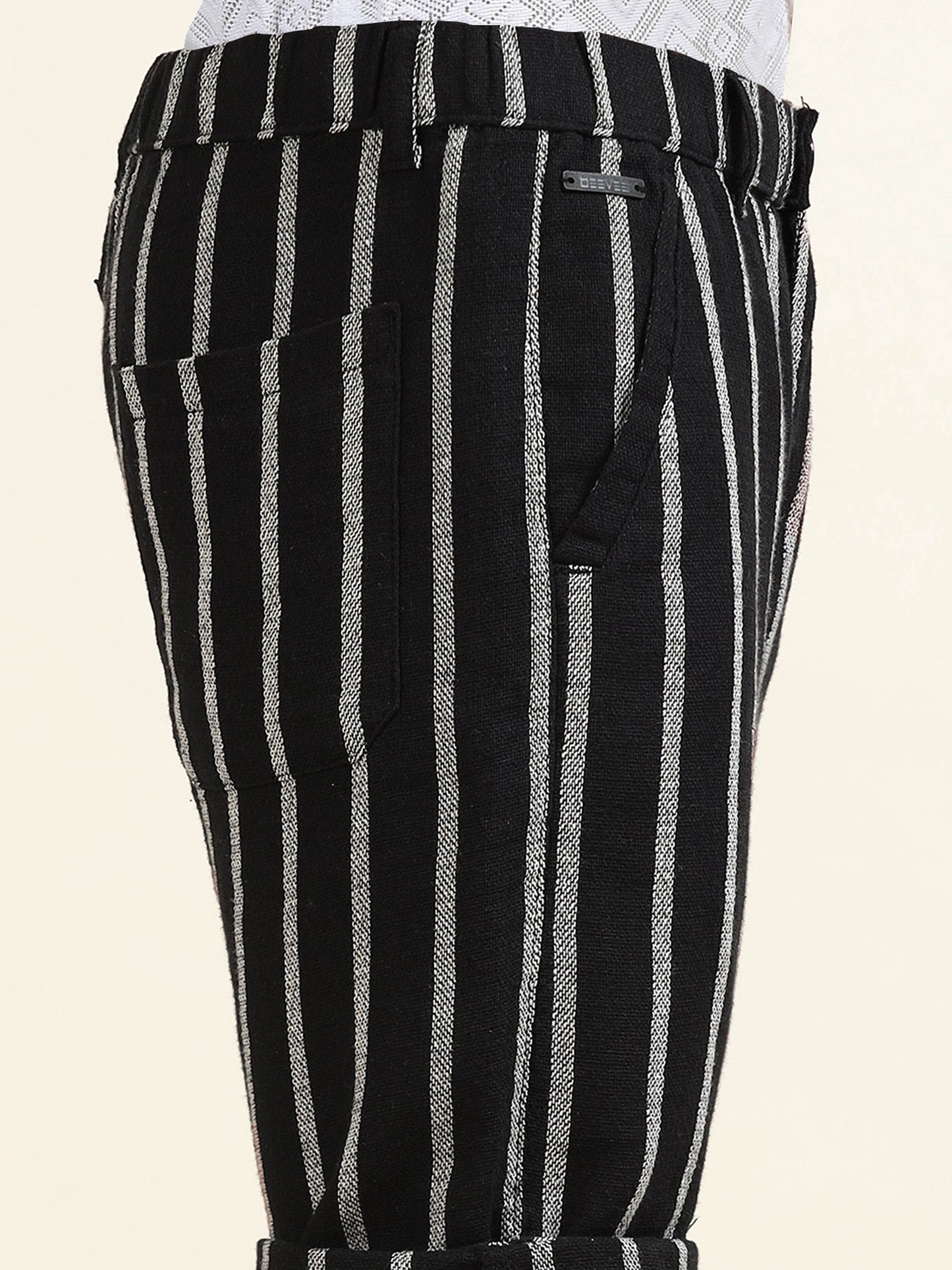 Elasticated Waist Zip Pocket Black Yarn Dyed Striped Shorts